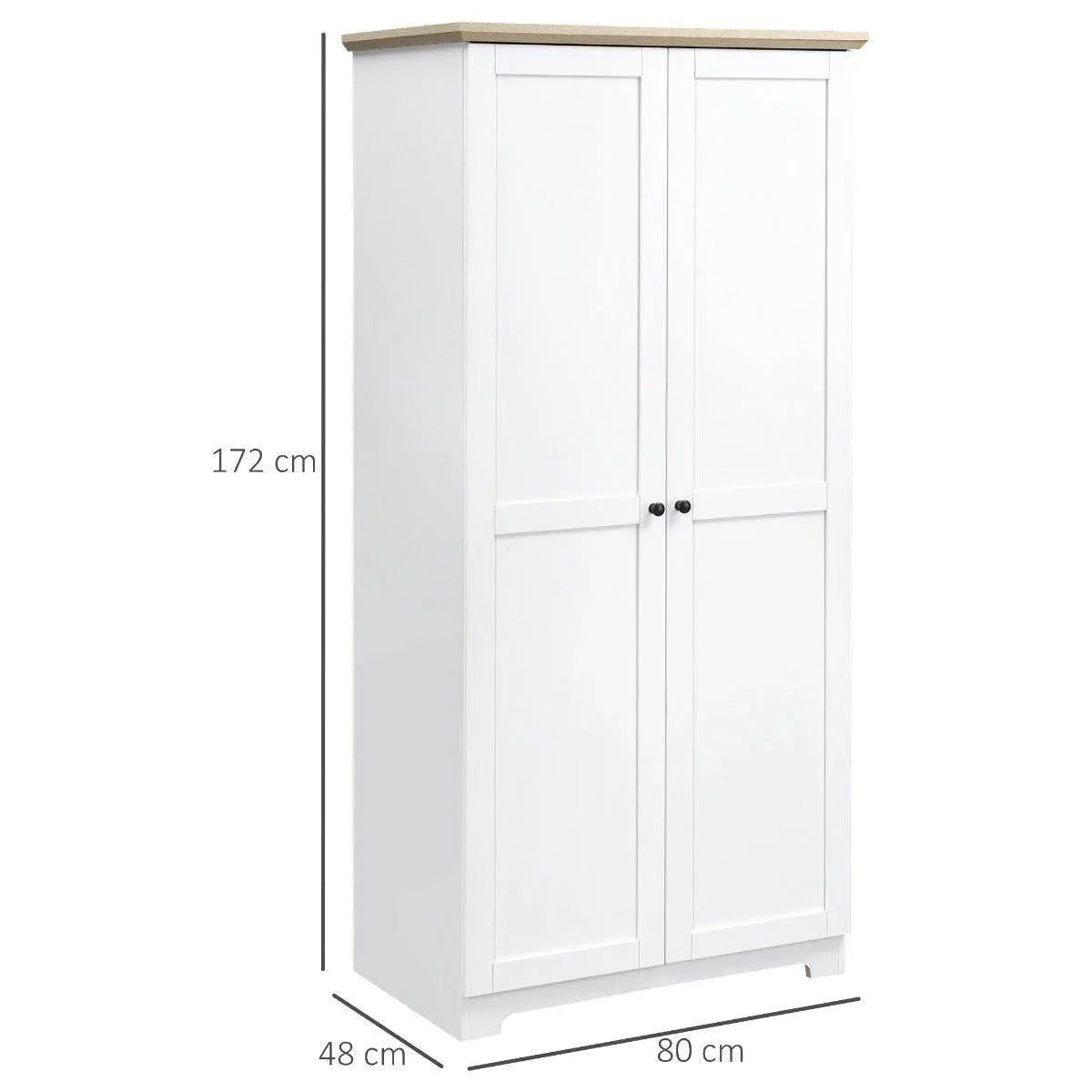 White storage cabinet with two-door design and light wood top, front view with dimensions