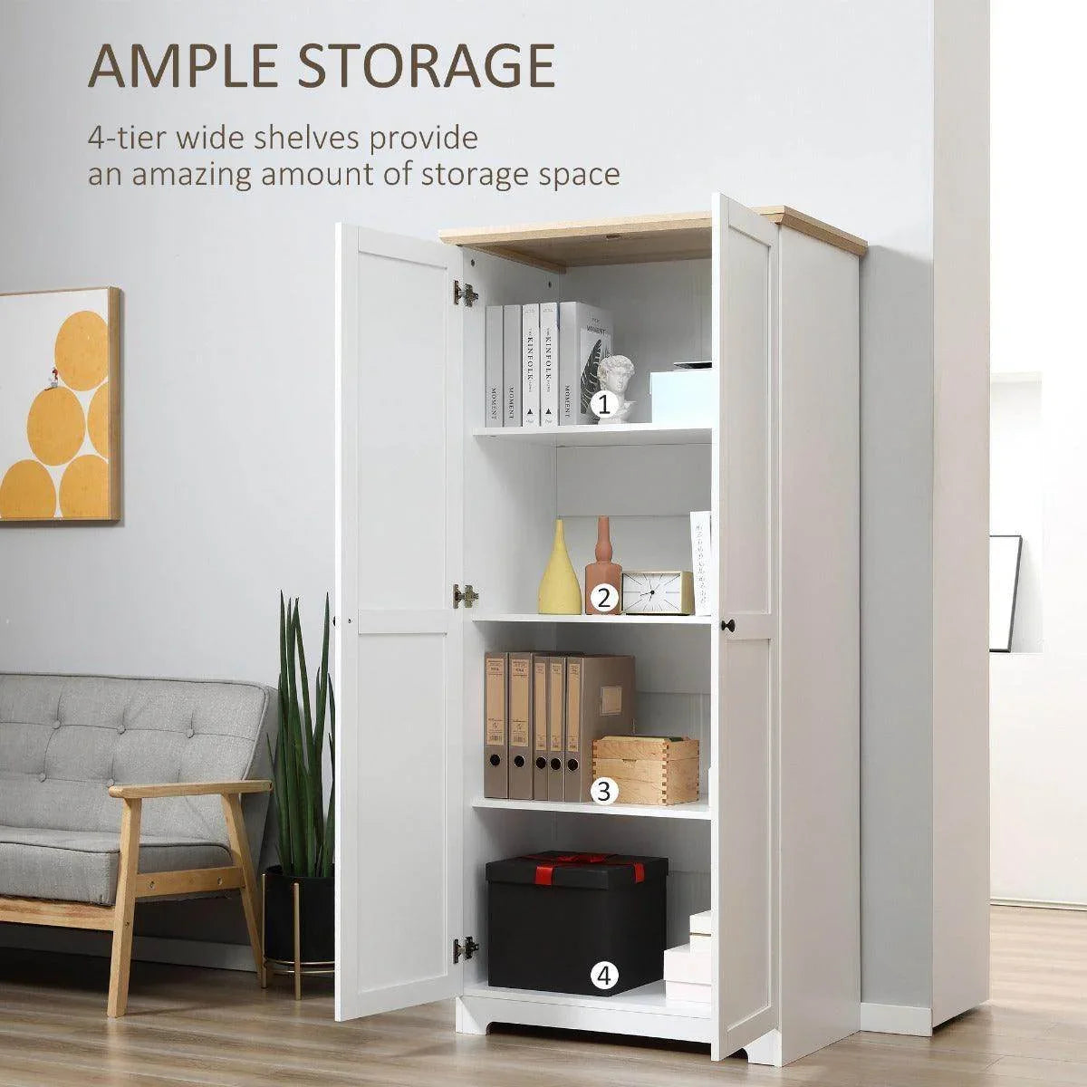 White wooden storage cabinet with doors open to reveal four interior shelves for organizing