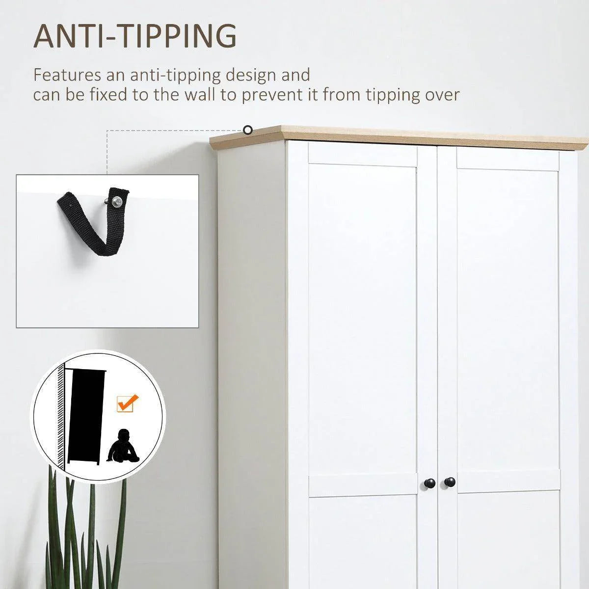 White storage cabinet with doors, wall-fix hardware and anti-tip feature detail
