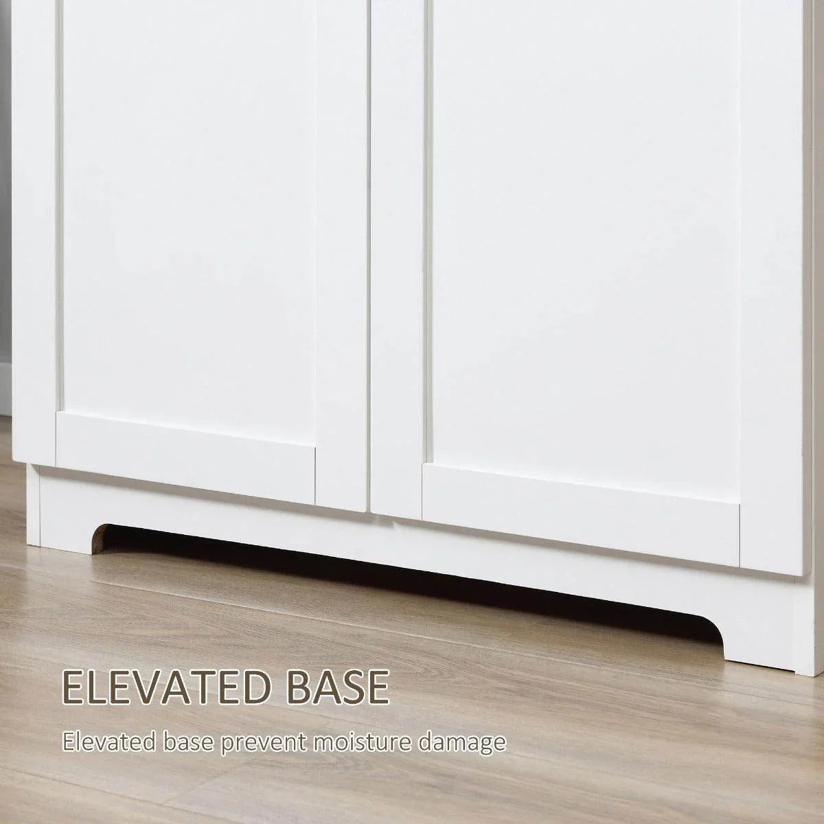 White cabinet with elevated base and doors, raised bottom to help prevent moisture damage