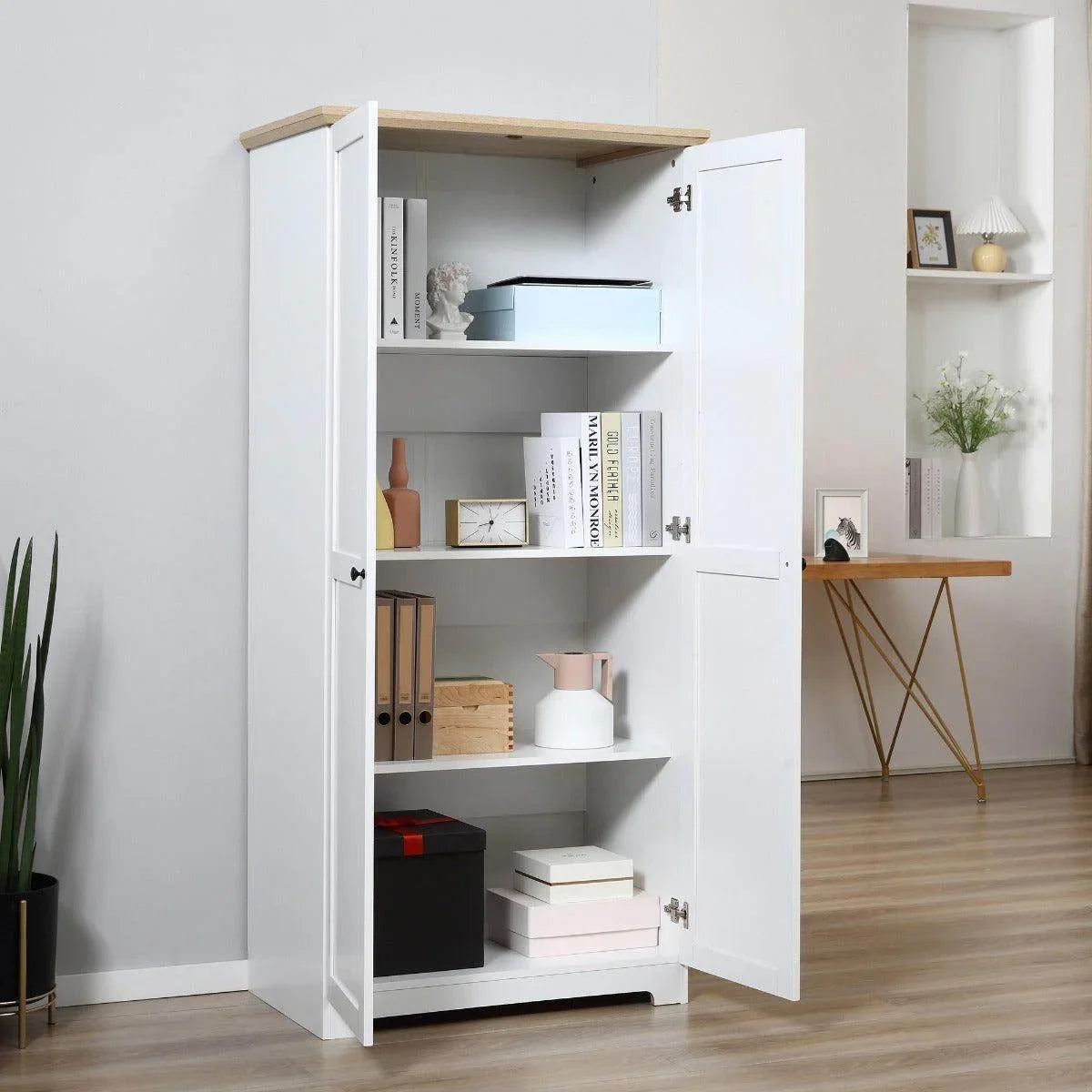 White wooden storage cabinet with doors open showing four shelves and metal adjustable hinges