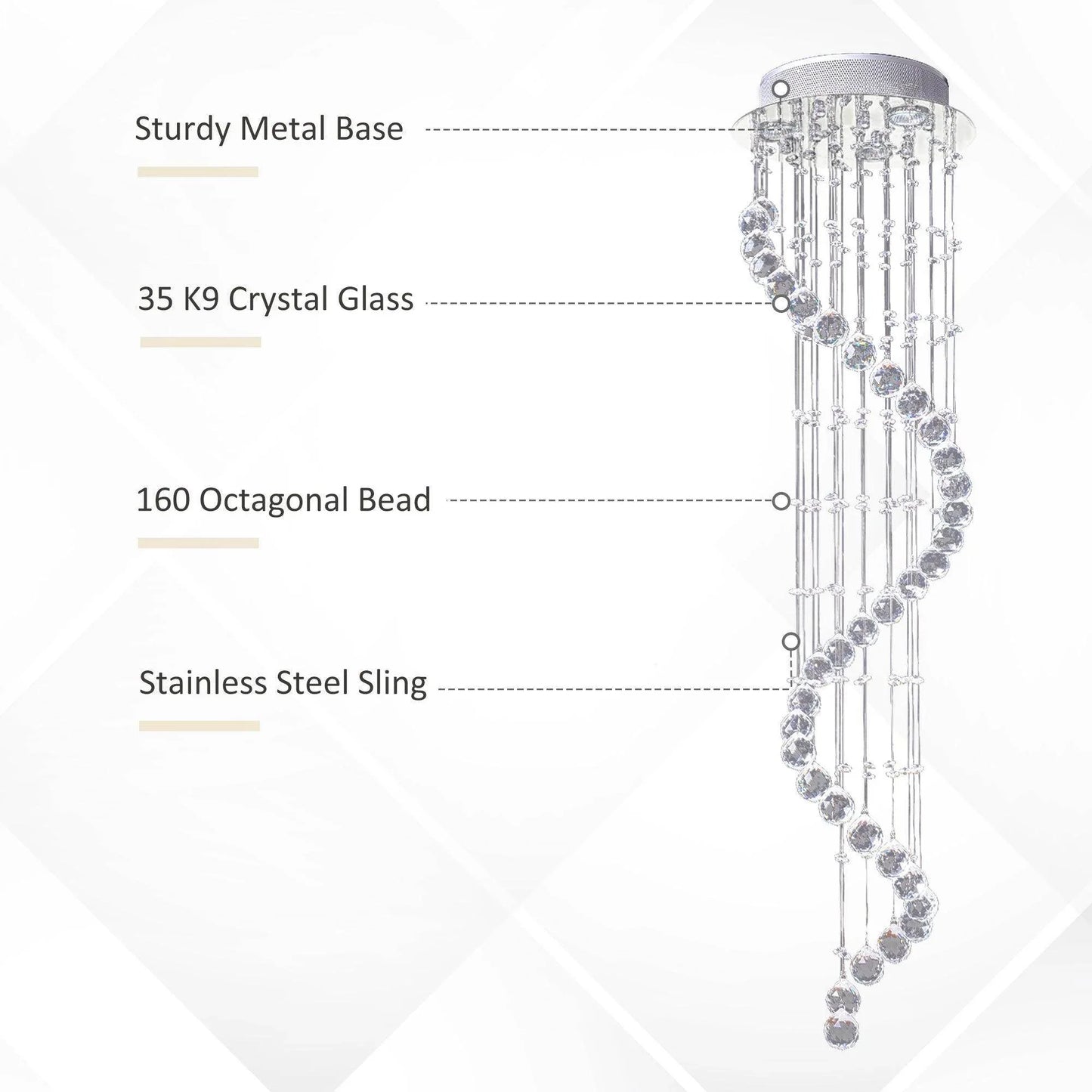 Spiral crystal chandelier with sturdy metal base, 35 K9 crystal glass, 160 octagonal beads, and stainless steel sling