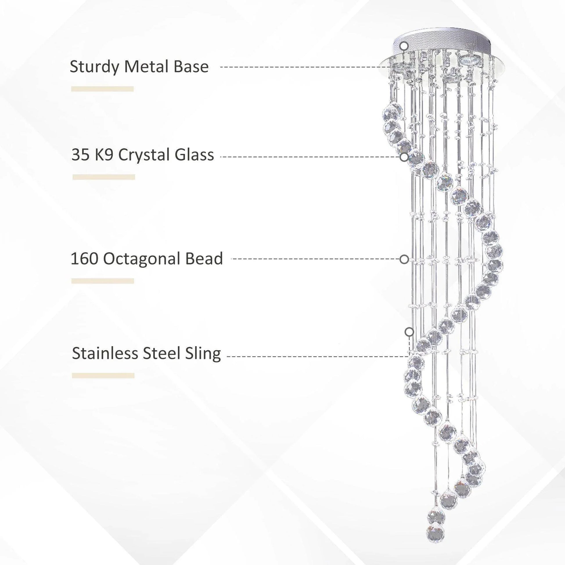 Spiral crystal chandelier with sturdy metal base, 35 K9 crystal glass, 160 octagonal beads, and stainless steel sling
