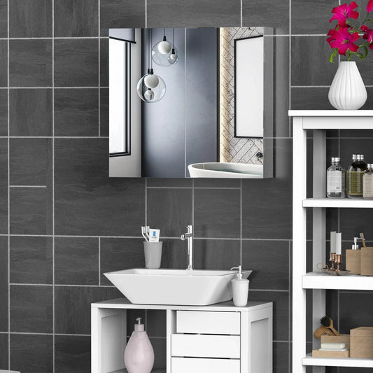 Modern bathroom with stainless steel double-door mirror cabinet above white sink and dark tiled wall