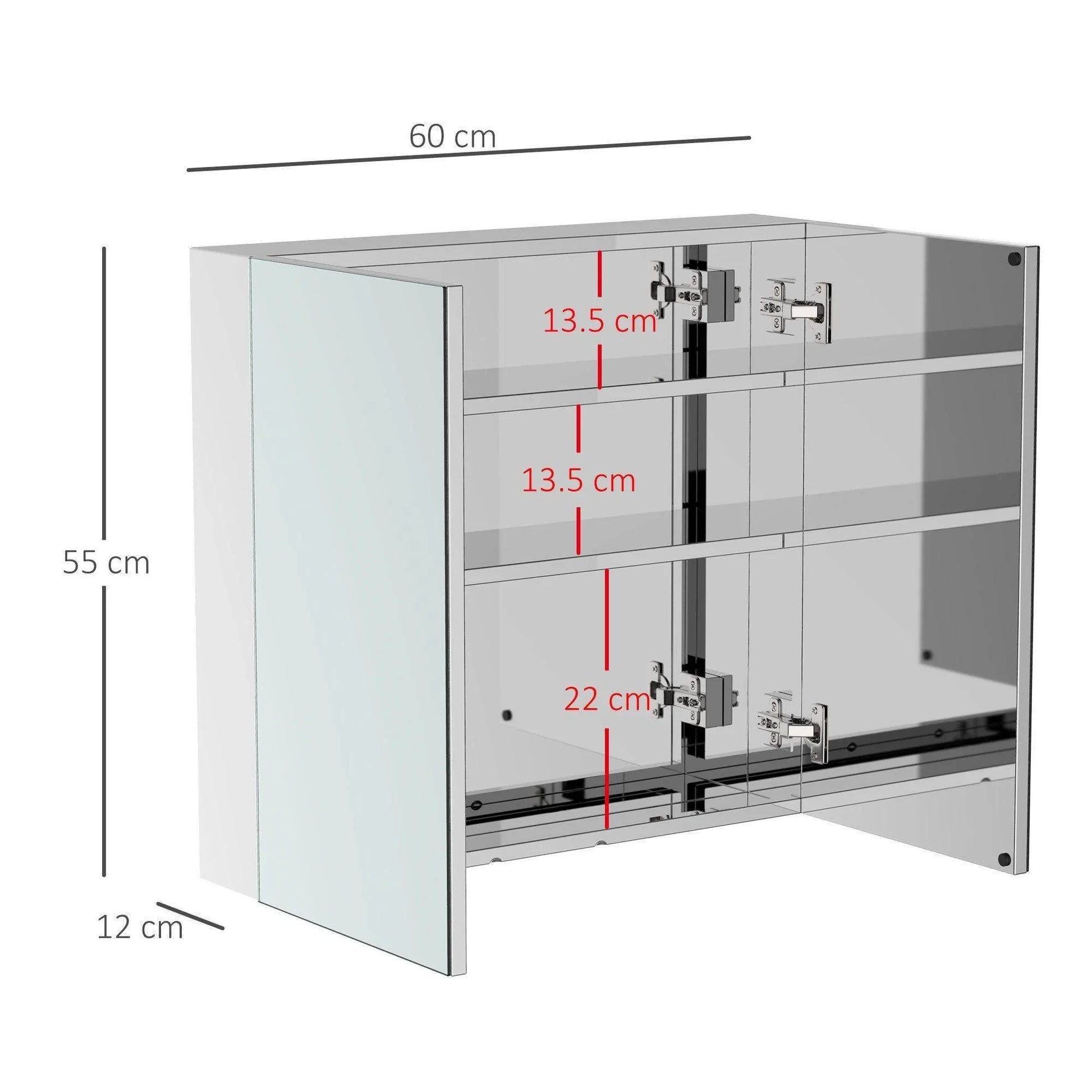 Stainless steel bathroom mirror cabinet with double doors and internal shelving, dimensions 60x55x12 cm