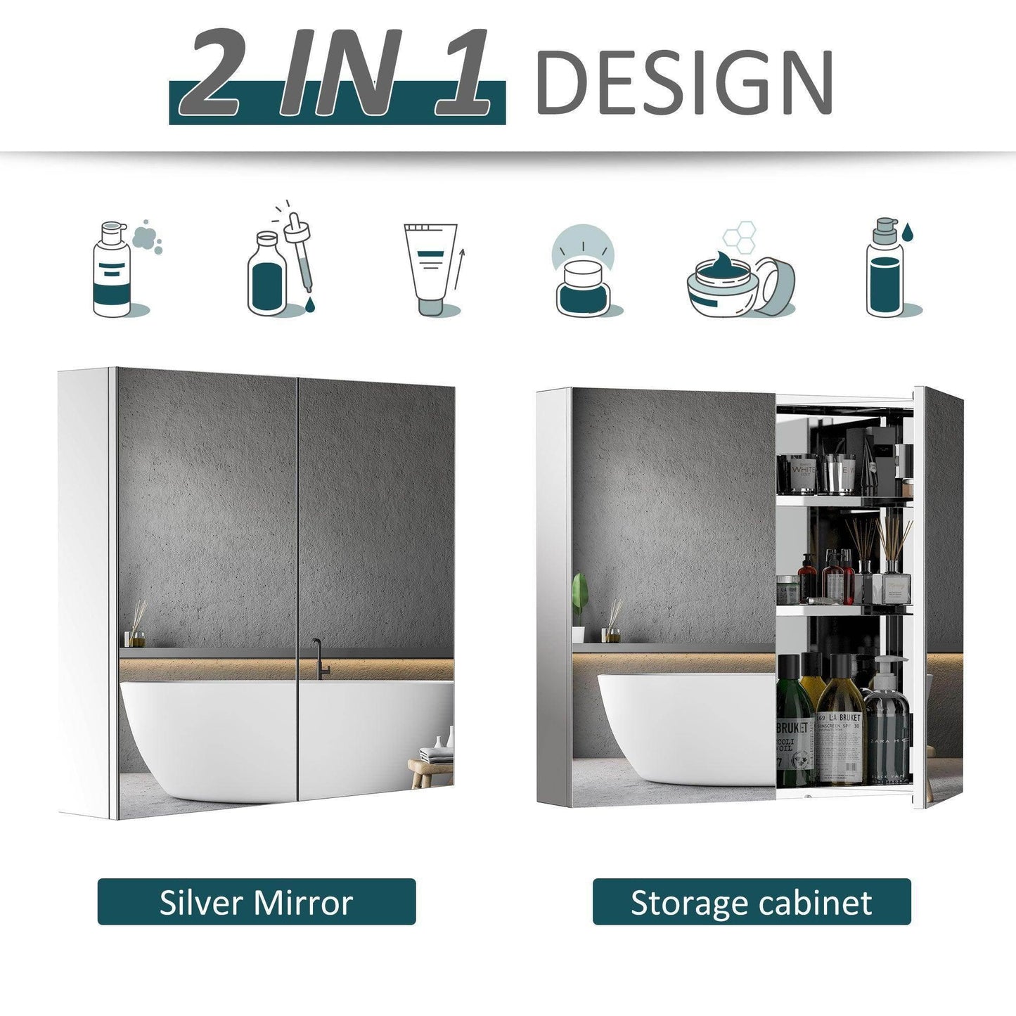 2-in-1 silver mirror and storage cabinet with double doors showing bathroom reflection and organized shelves