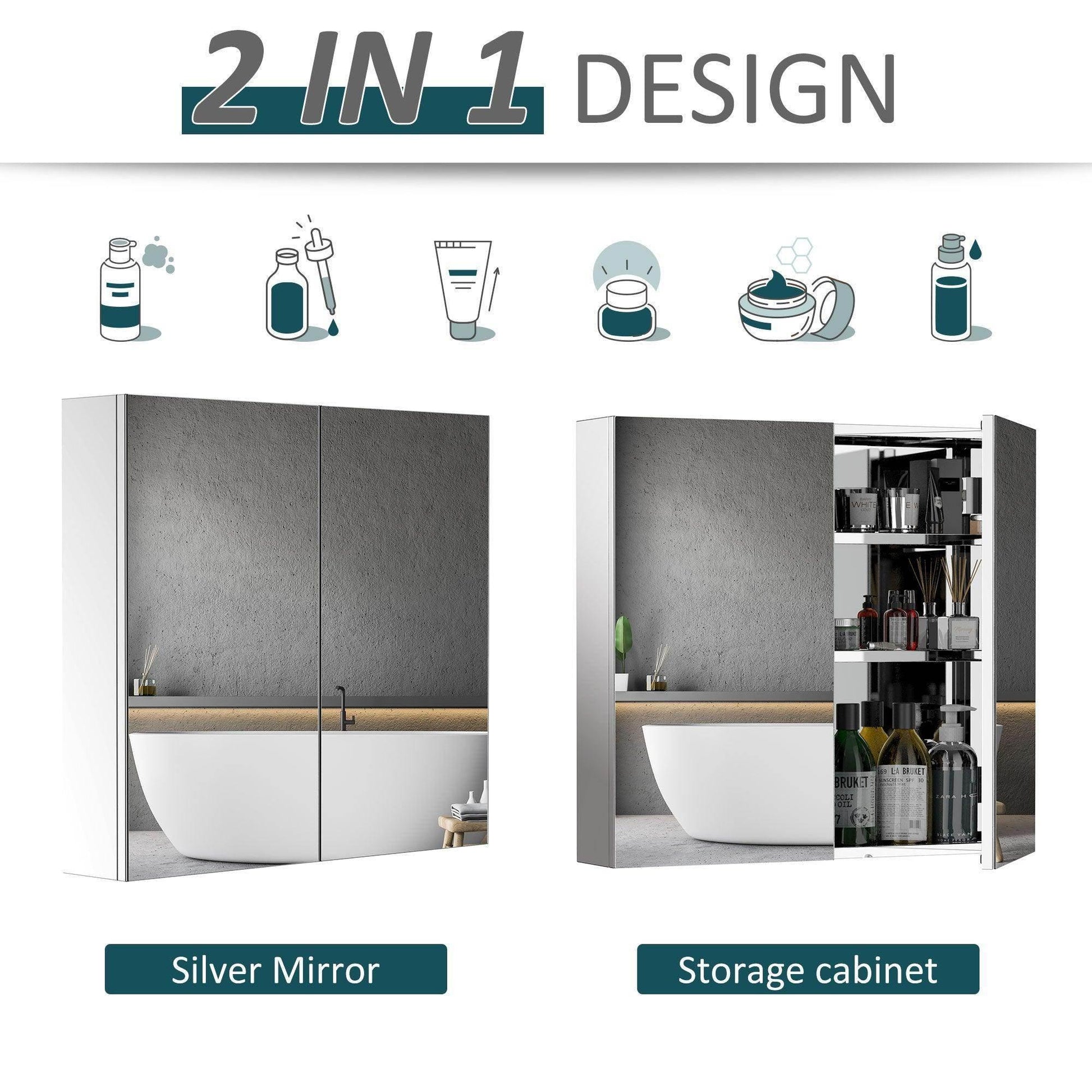 2-in-1 silver mirror and storage cabinet with double doors showing bathroom reflection and organized shelves