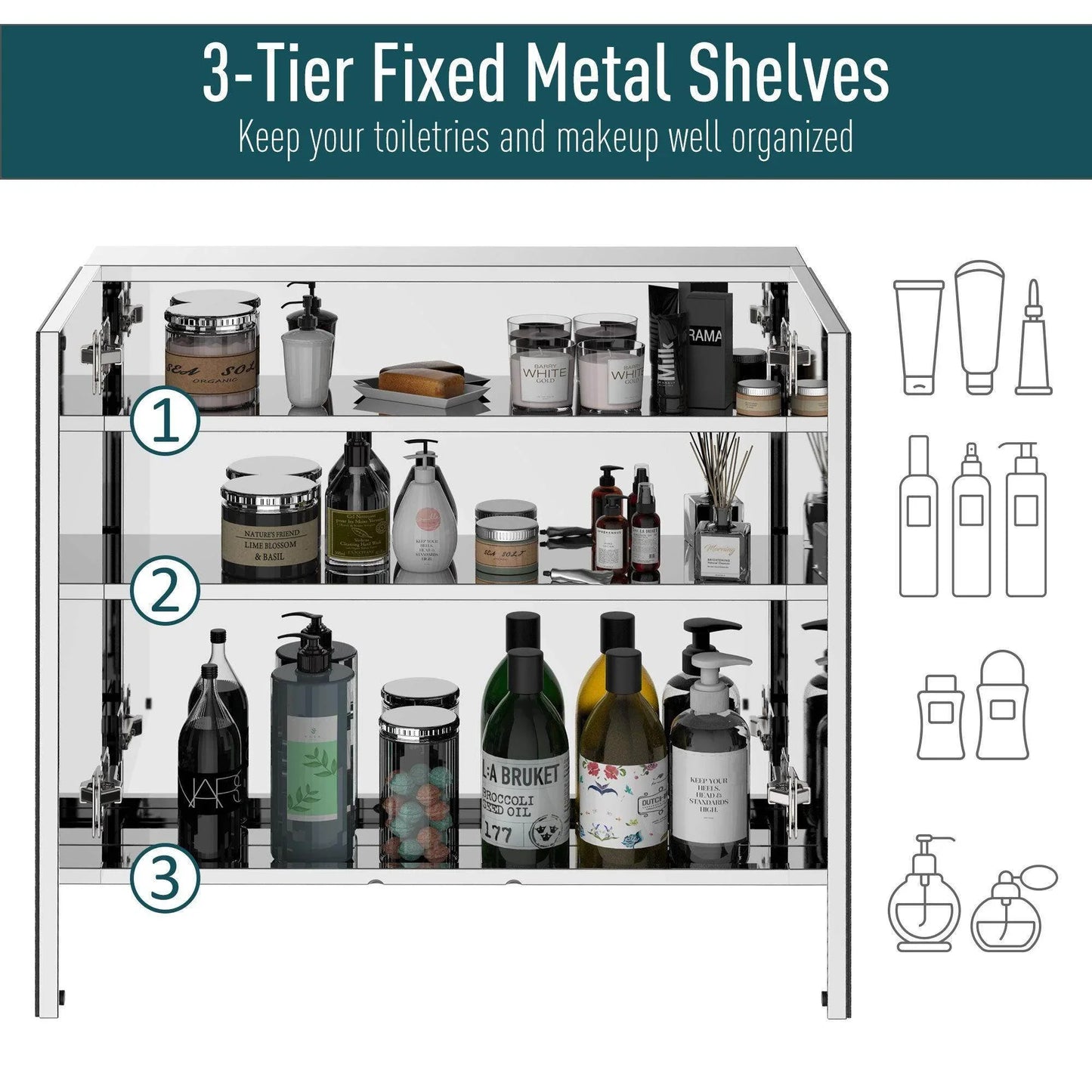 Stainless steel bathroom mirror cabinet with double doors and 3-tier fixed shelves organizing toiletries and skincare products