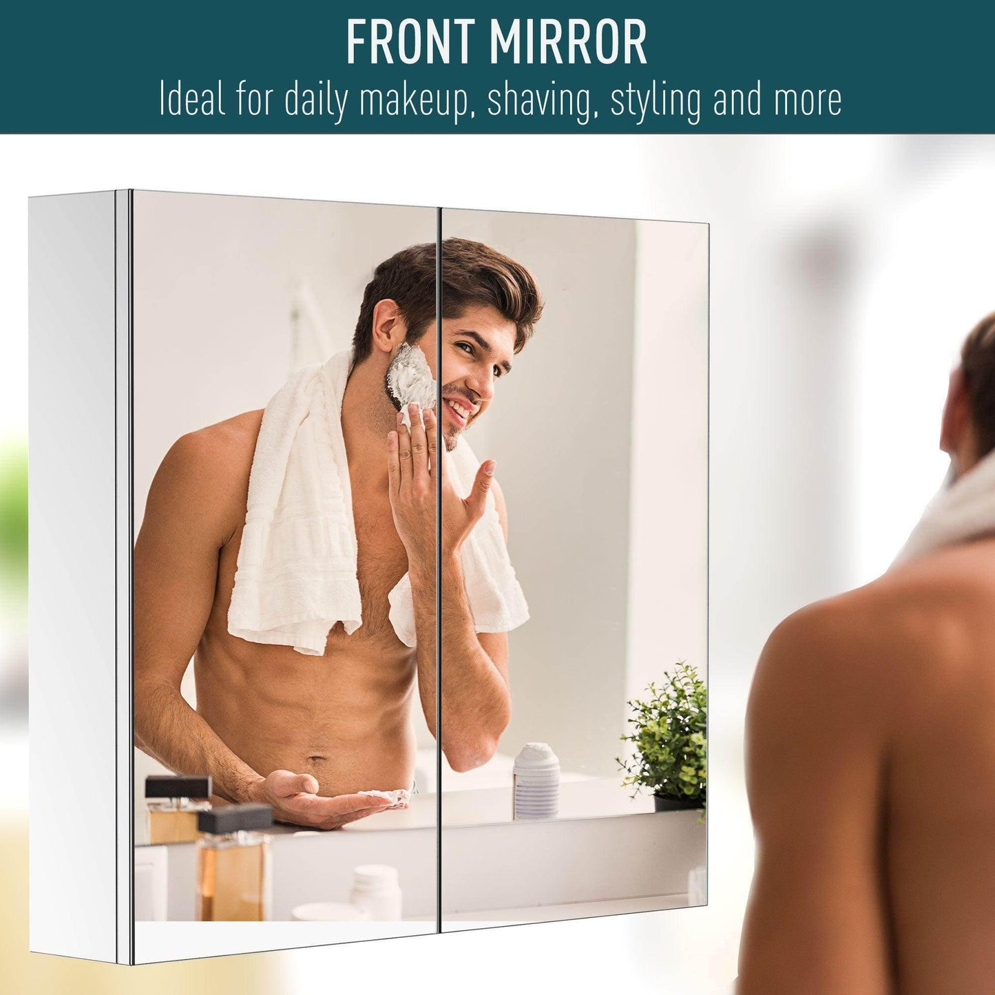 Modern stainless steel bathroom mirror cabinet with double doors showing man shaving in reflection