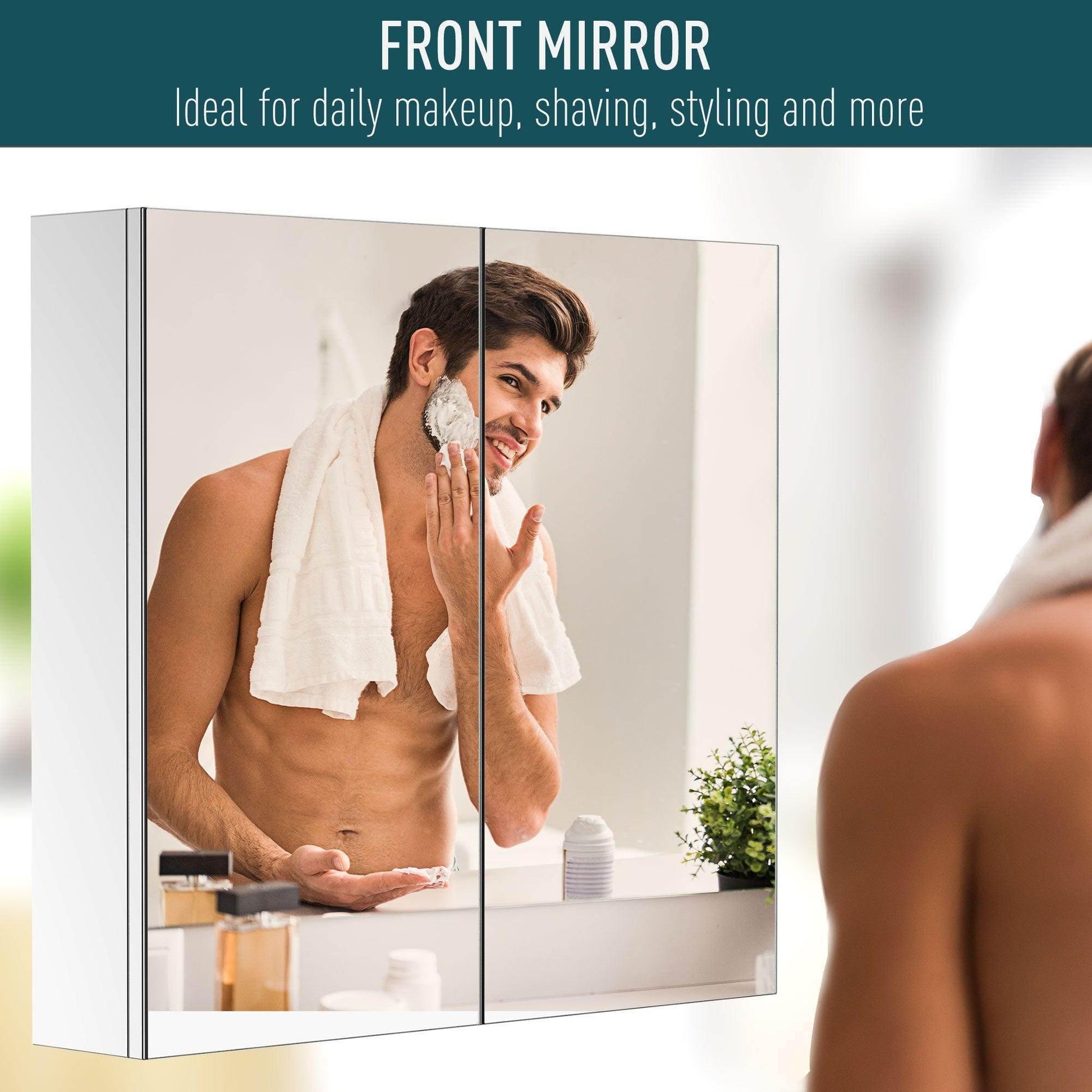 Modern stainless steel bathroom mirror cabinet with double doors showing man shaving in reflection