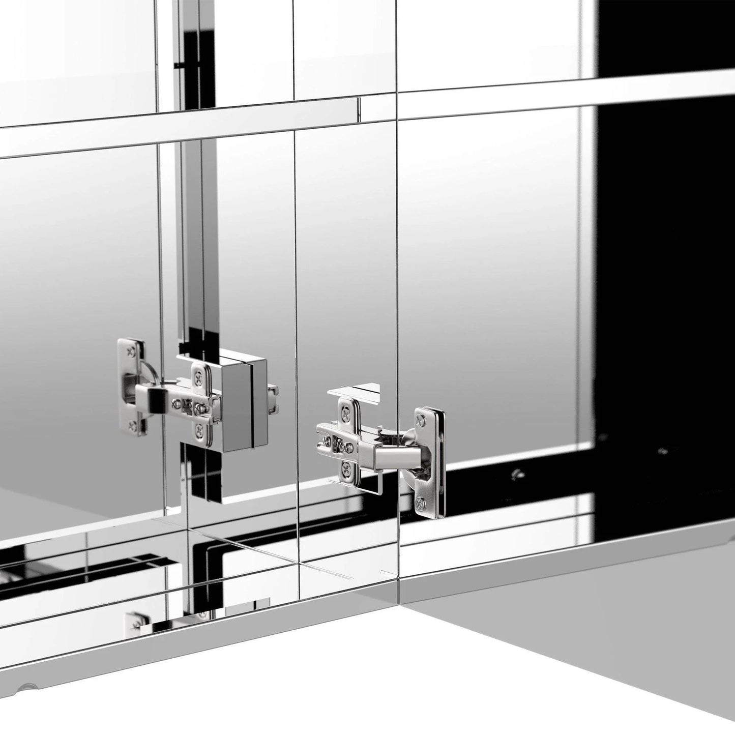 Close-up of stainless steel hinge on mirrored bathroom cabinet door reflecting surroundings