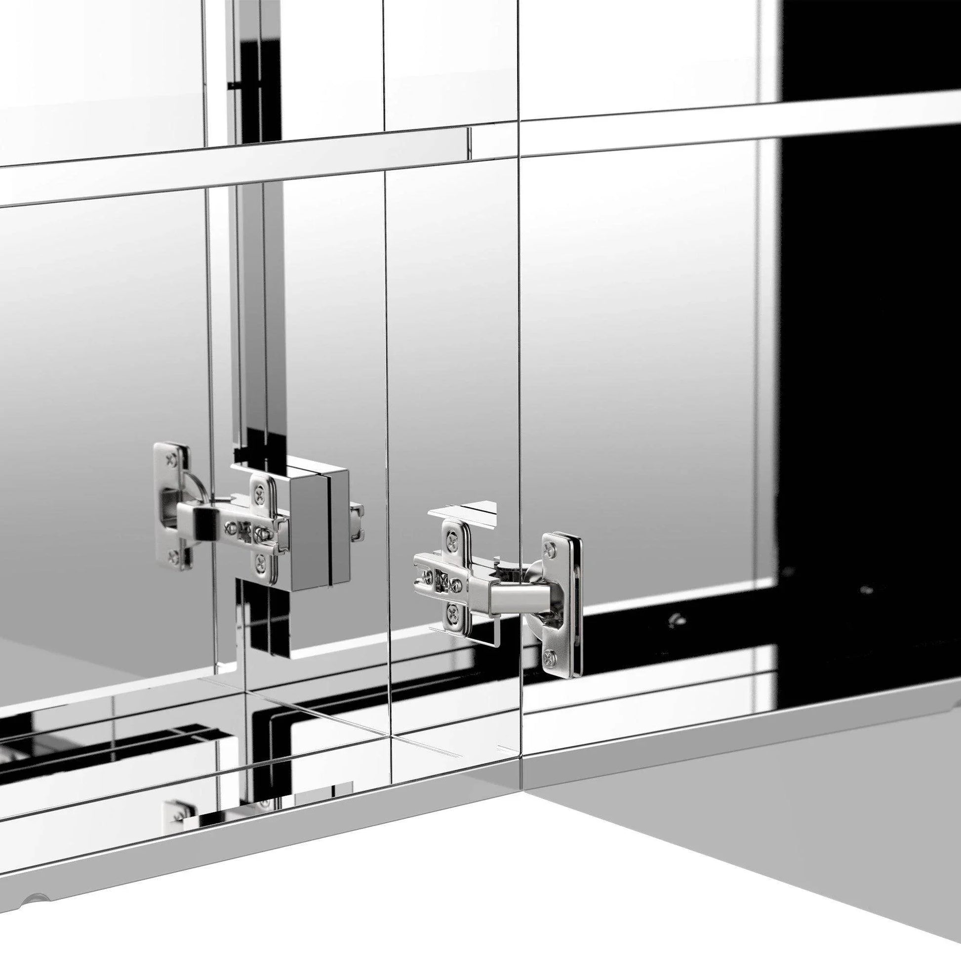 Close-up of stainless steel hinge on mirrored bathroom cabinet door reflecting surroundings