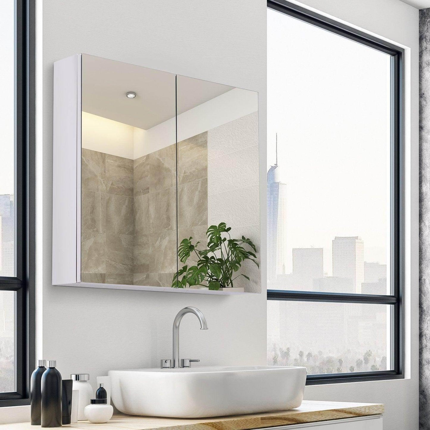 Modern bathroom with stainless steel double door mirror cabinet, white sink, and large window city view