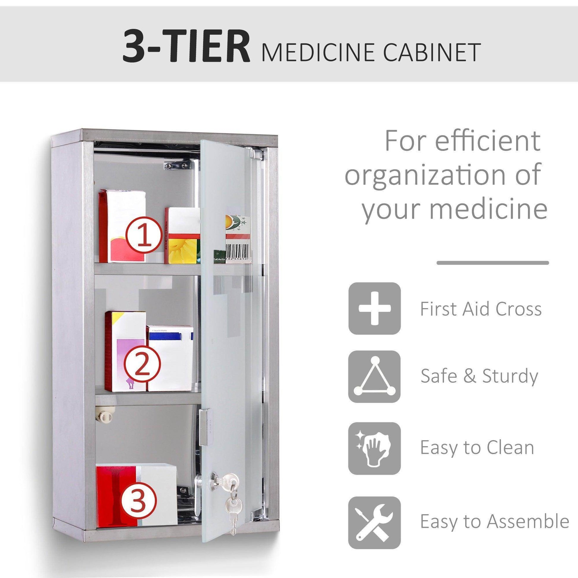HOMCOM Stainless Steel Medicine Cabinet with Security Glass Door - ALL4U RETAILER LTD