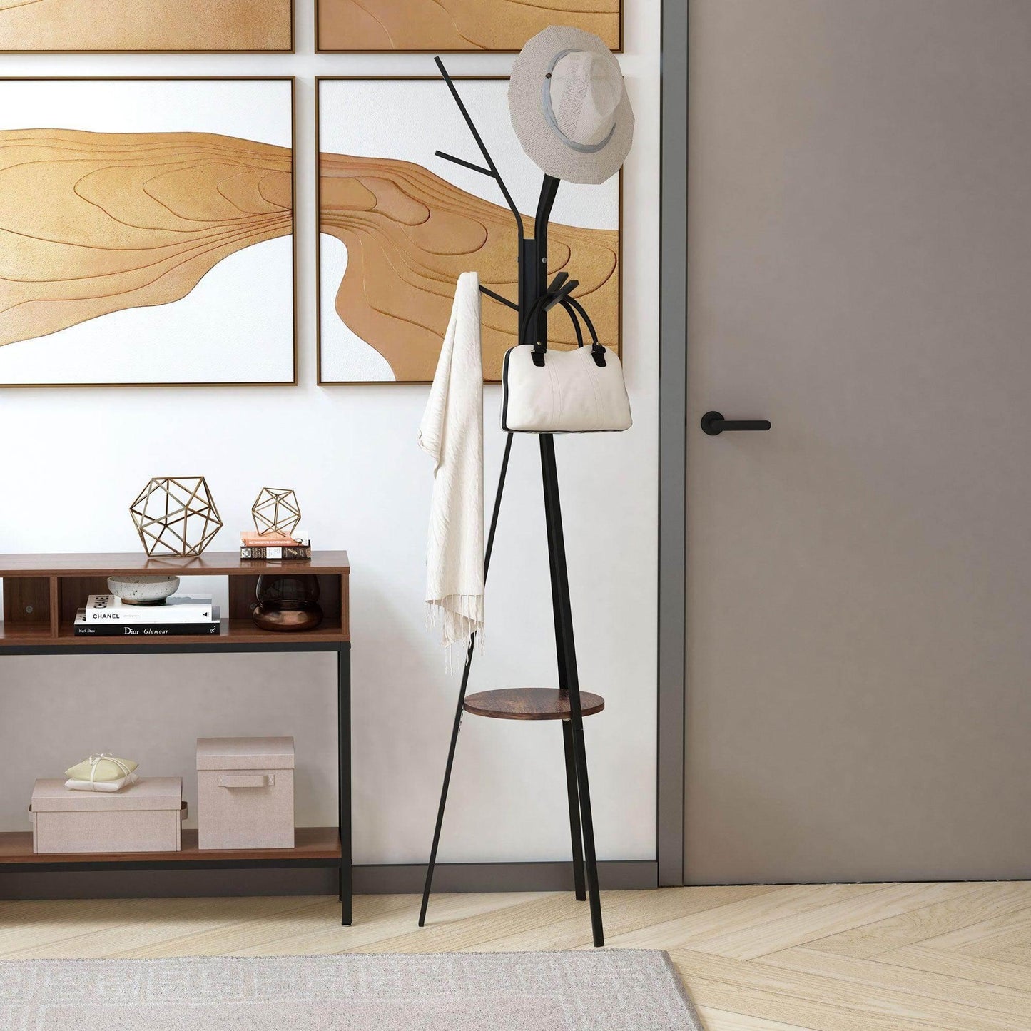 HOMCOM Standing Coat Rack with Hooks and Shelf - ALL4U RETAILER LTD