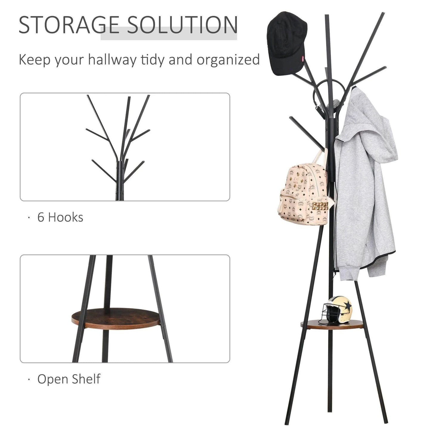 HOMCOM Standing Coat Rack with Hooks and Shelf - ALL4U RETAILER LTD