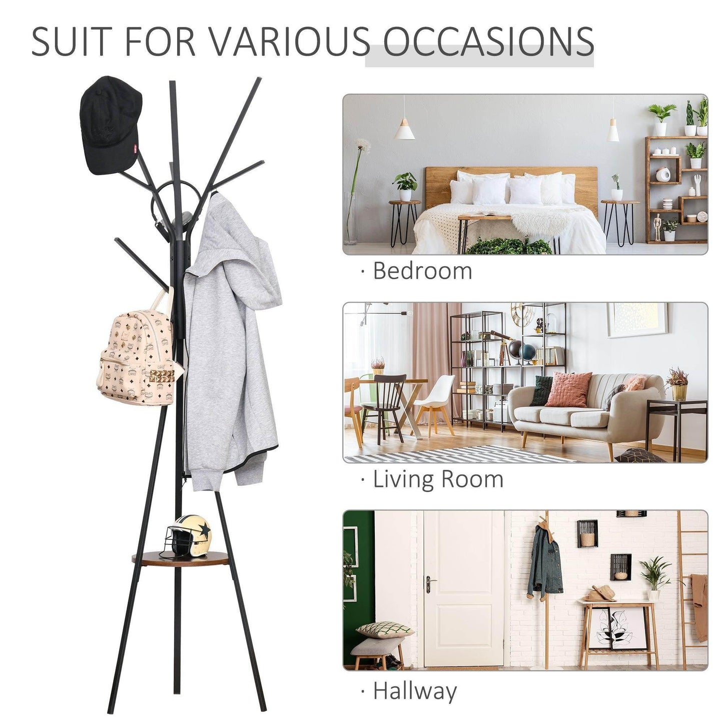 HOMCOM Standing Coat Rack with Hooks and Shelf - ALL4U RETAILER LTD
