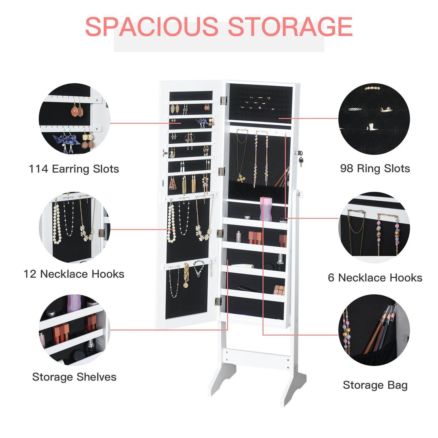 HOMCOM Standing Mirror Jewelry Cabinet - White - ALL4U RETAILER LTD