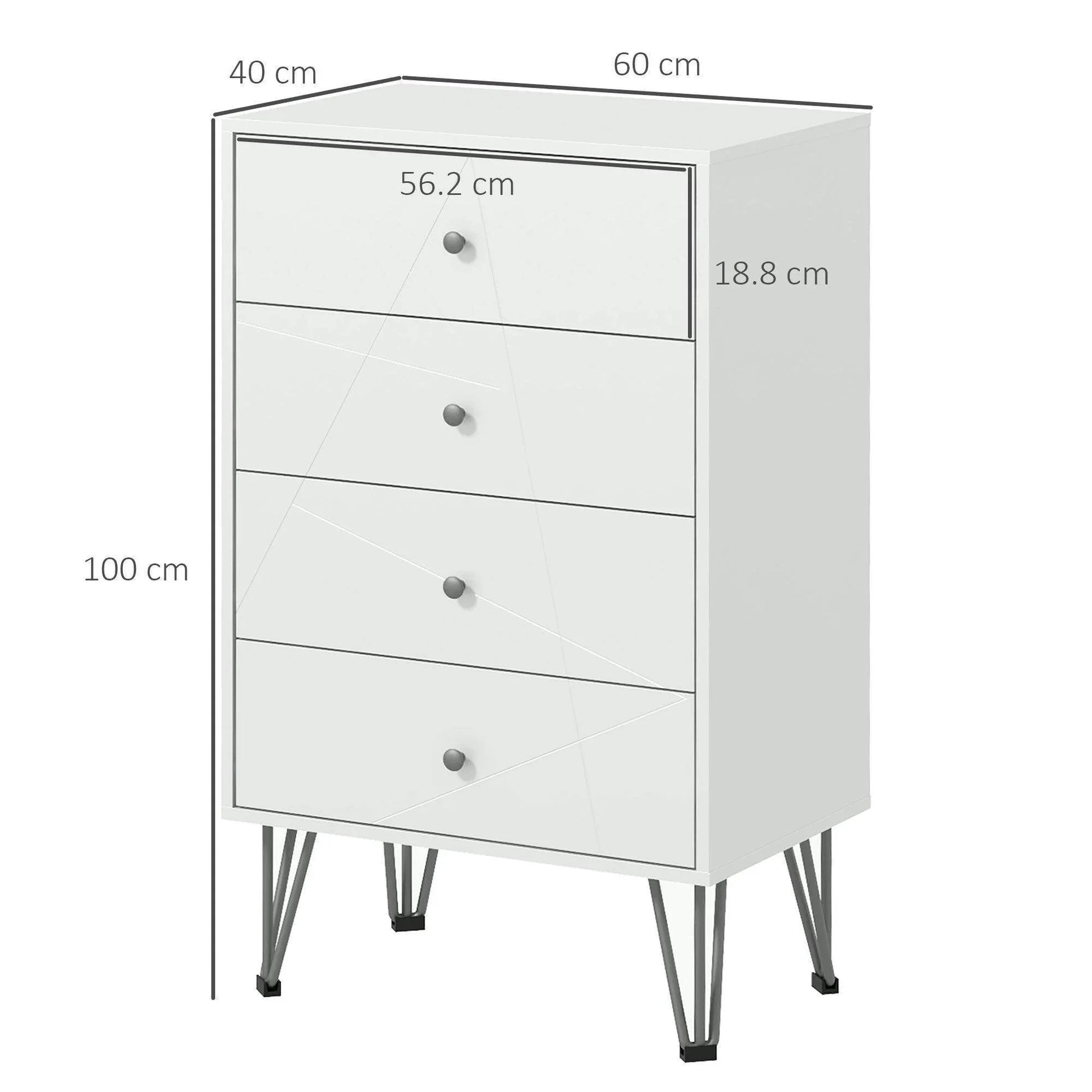HOMCOM Tall 4-Drawer Dresser with Hairpin Legs - White - ALL4U RETAILER LTD
