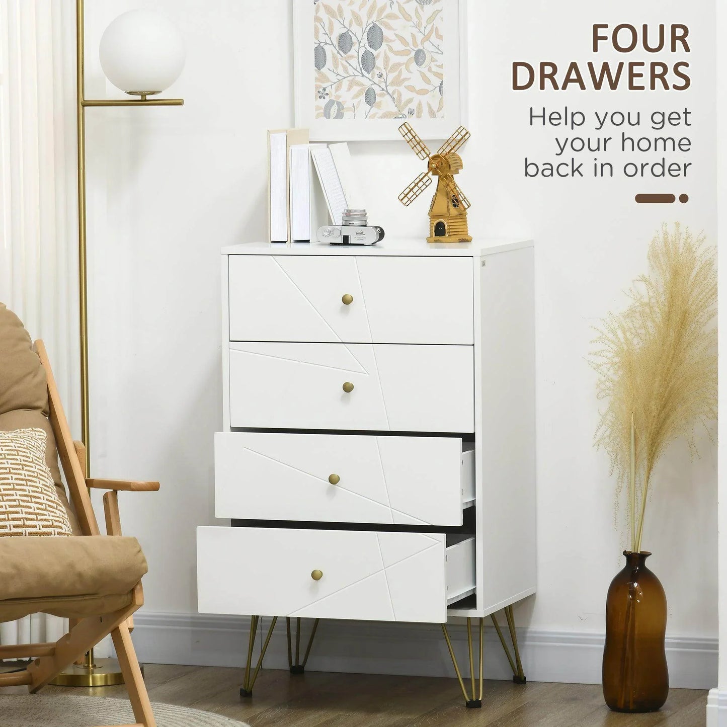HOMCOM Tall 4-Drawer Dresser with Hairpin Legs - White - ALL4U RETAILER LTD