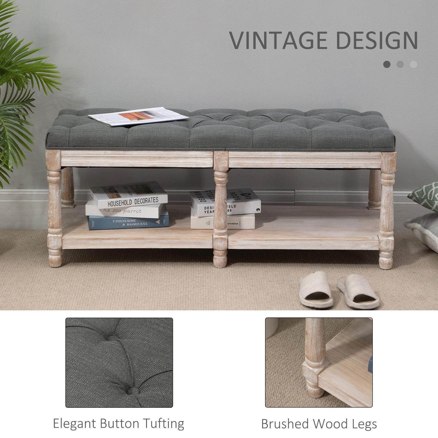 HOMCOM Upholstered Shoe Rack Bench - Grey - ALL4U RETAILER LTD