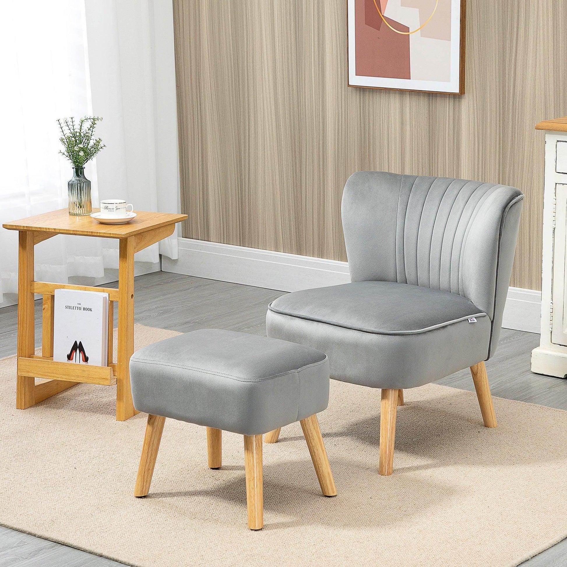 HOMCOM Velvet Tub Chair with Ottoman - Light Grey - ALL4U RETAILER LTD