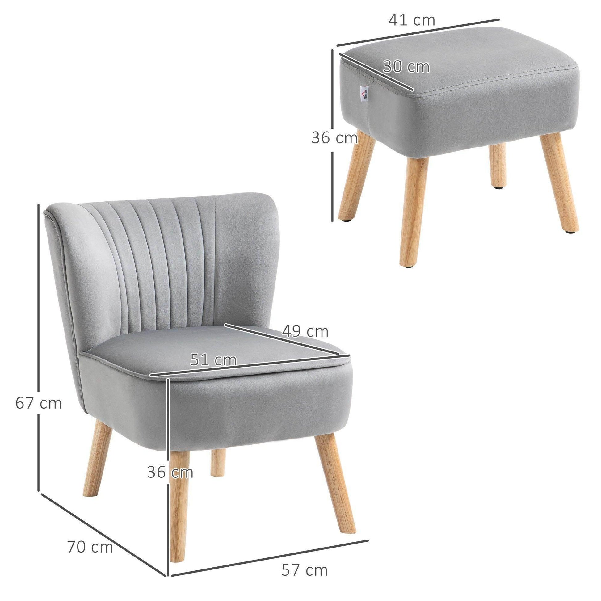 HOMCOM Velvet Tub Chair with Ottoman - Light Grey - ALL4U RETAILER LTD