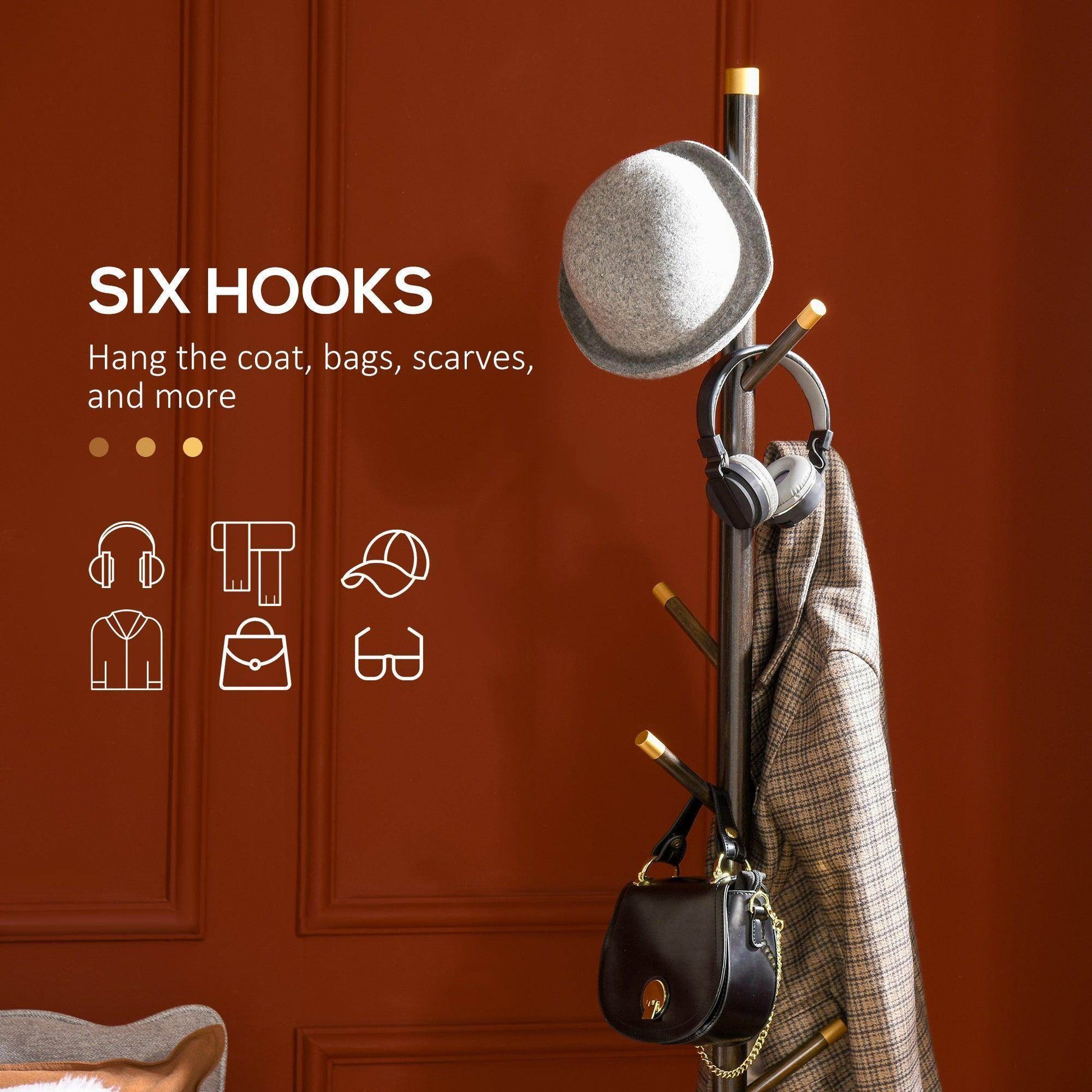 HOMCOM Vintage Coat Rack Stand with 6 Hooks - Walnut - ALL4U RETAILER LTD