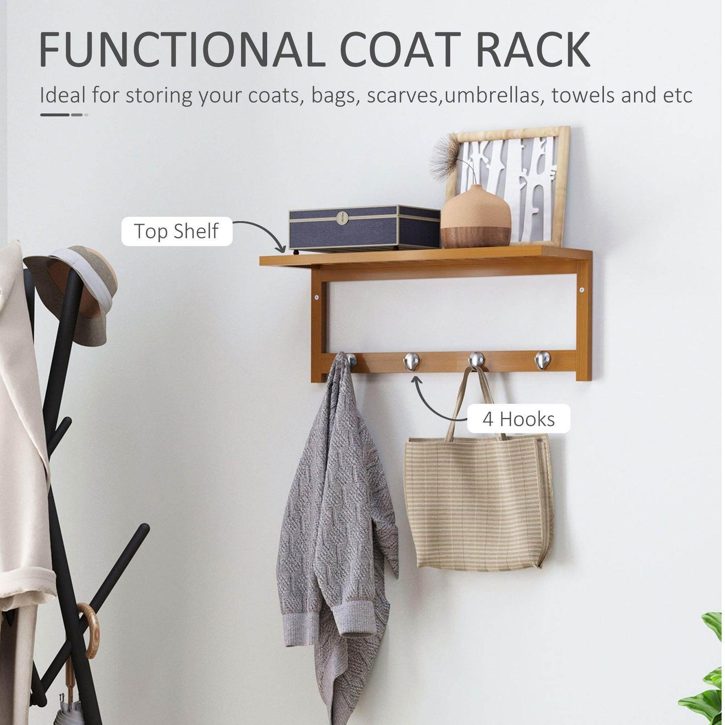 HOMCOM Wall-Mounted Coat Hooks with Shelf - 4 Hooks and Rail - ALL4U RETAILER LTD