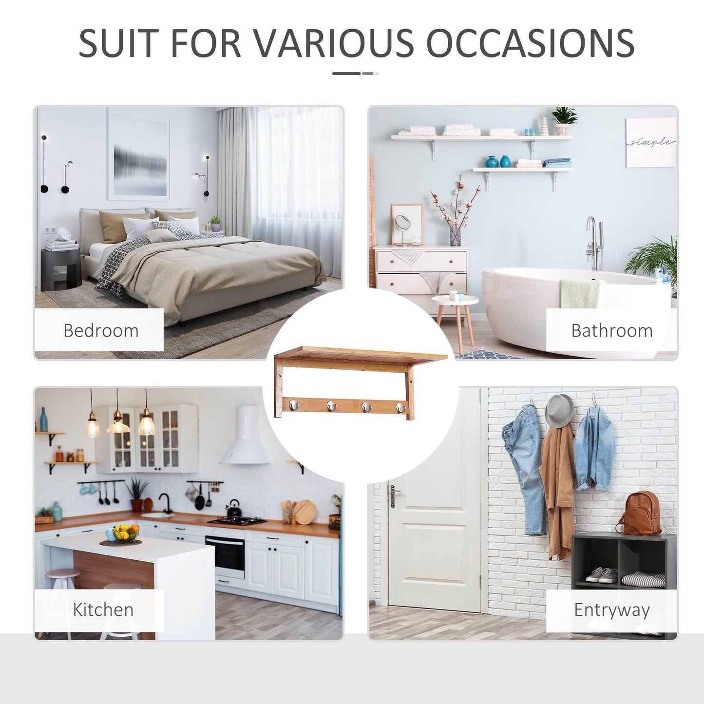 HOMCOM Wall-Mounted Coat Hooks with Shelf - 4 Hooks and Rail - ALL4U RETAILER LTD