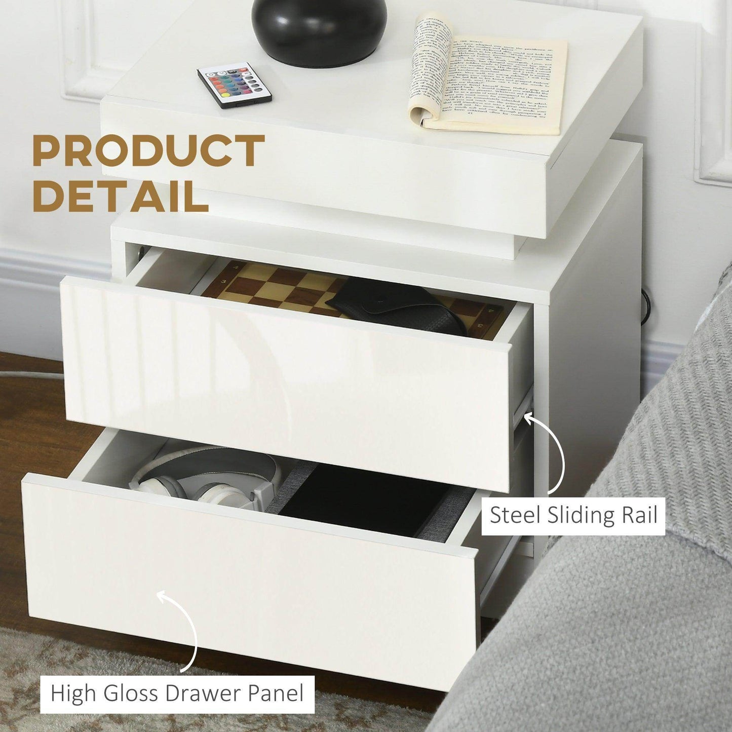 HOMCOM White Bedside Table with LED Light - ALL4U RETAILER LTD
