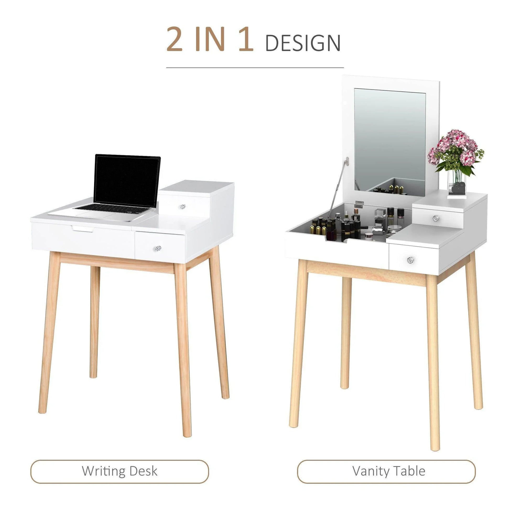 HOMCOM White Dressing Table Desk with Flip-Up Mirror and 2 Drawers - ALL4U RETAILER LTD