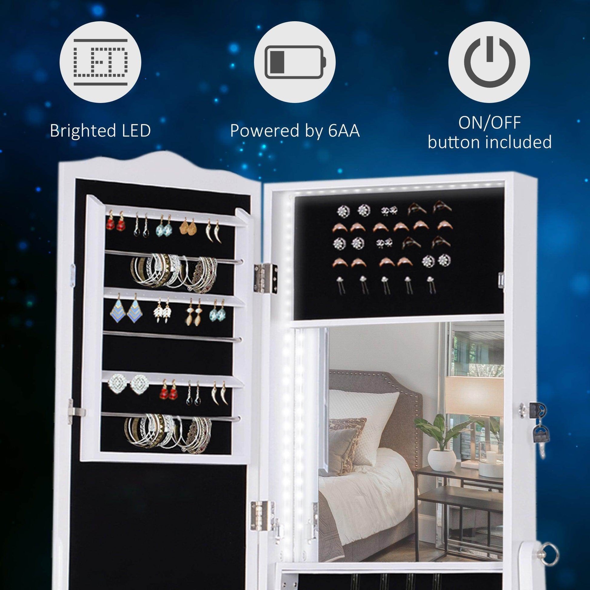 HOMCOM White Jewelry Cabinet with LED and Lock - ALL4U RETAILER LTD
