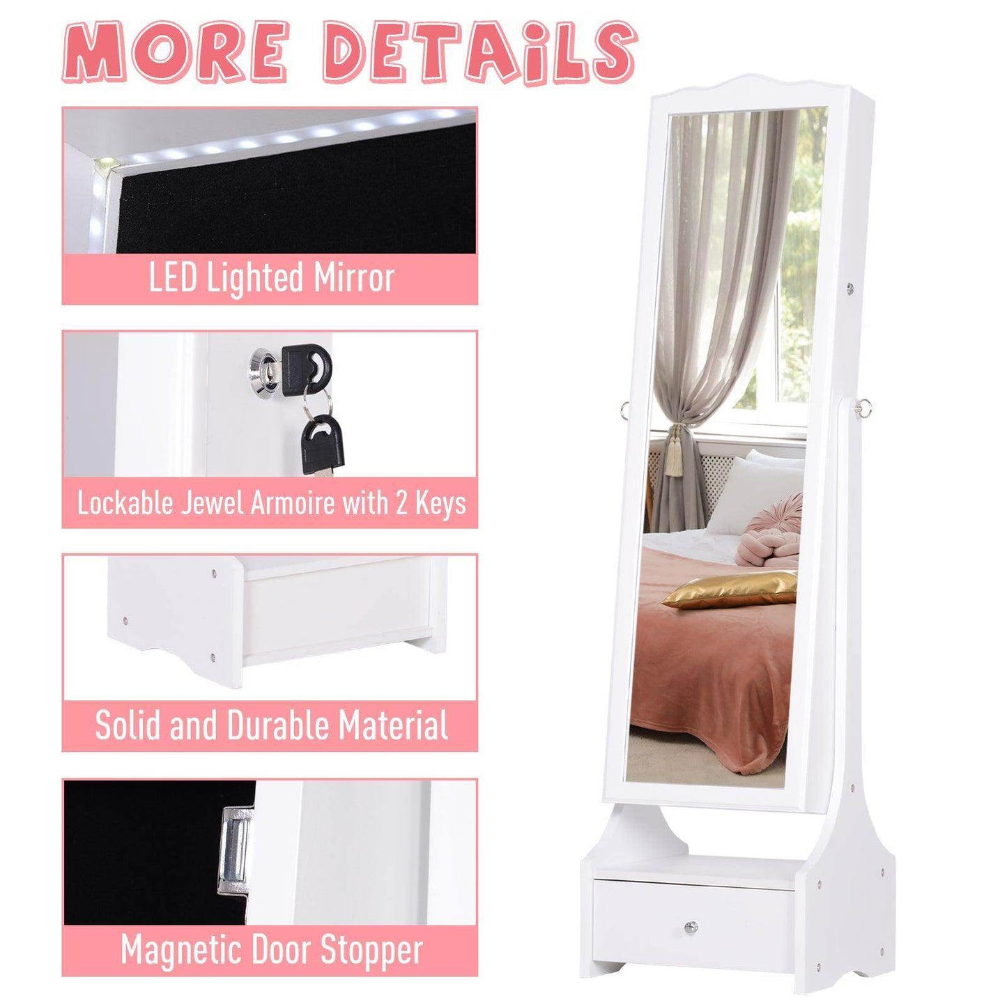 HOMCOM White Jewelry Cabinet with LED and Lock - ALL4U RETAILER LTD