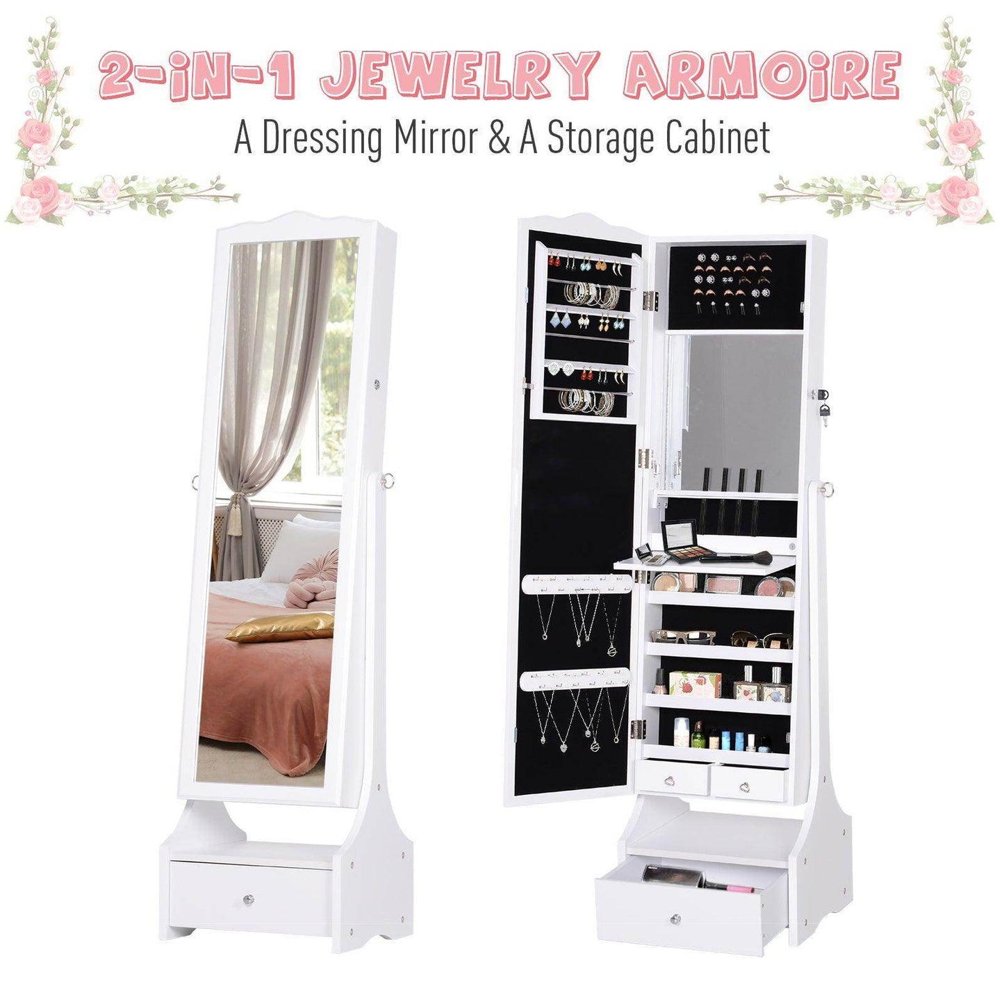 HOMCOM White Jewelry Cabinet with LED and Lock - ALL4U RETAILER LTD
