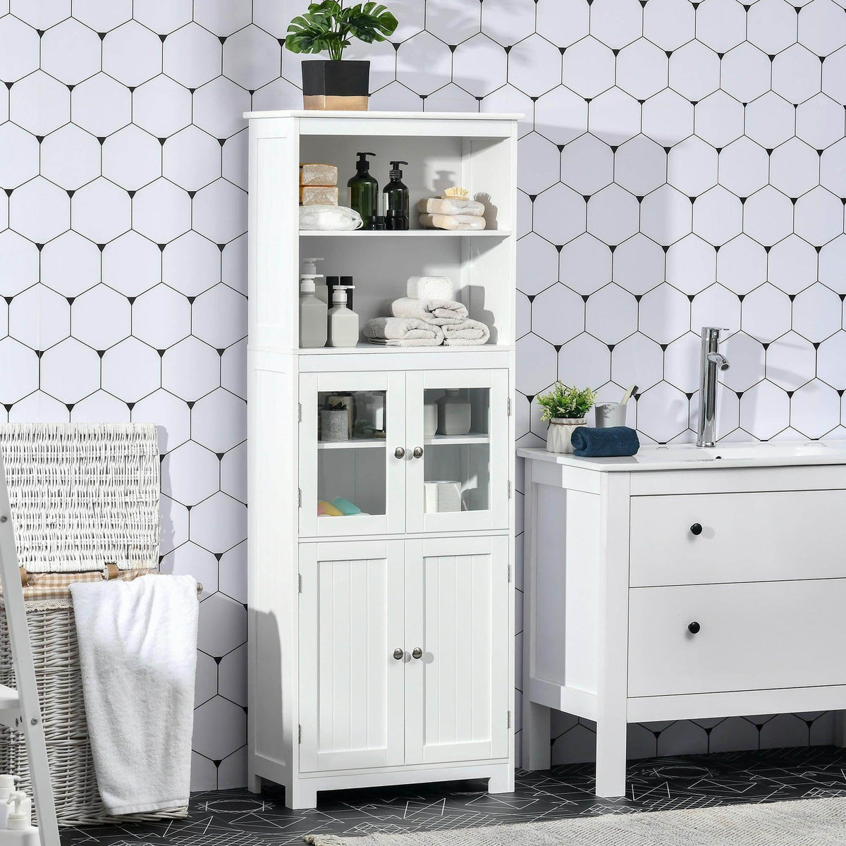 White kitchen cupboard with glass cabinet doors and two framed storage sections