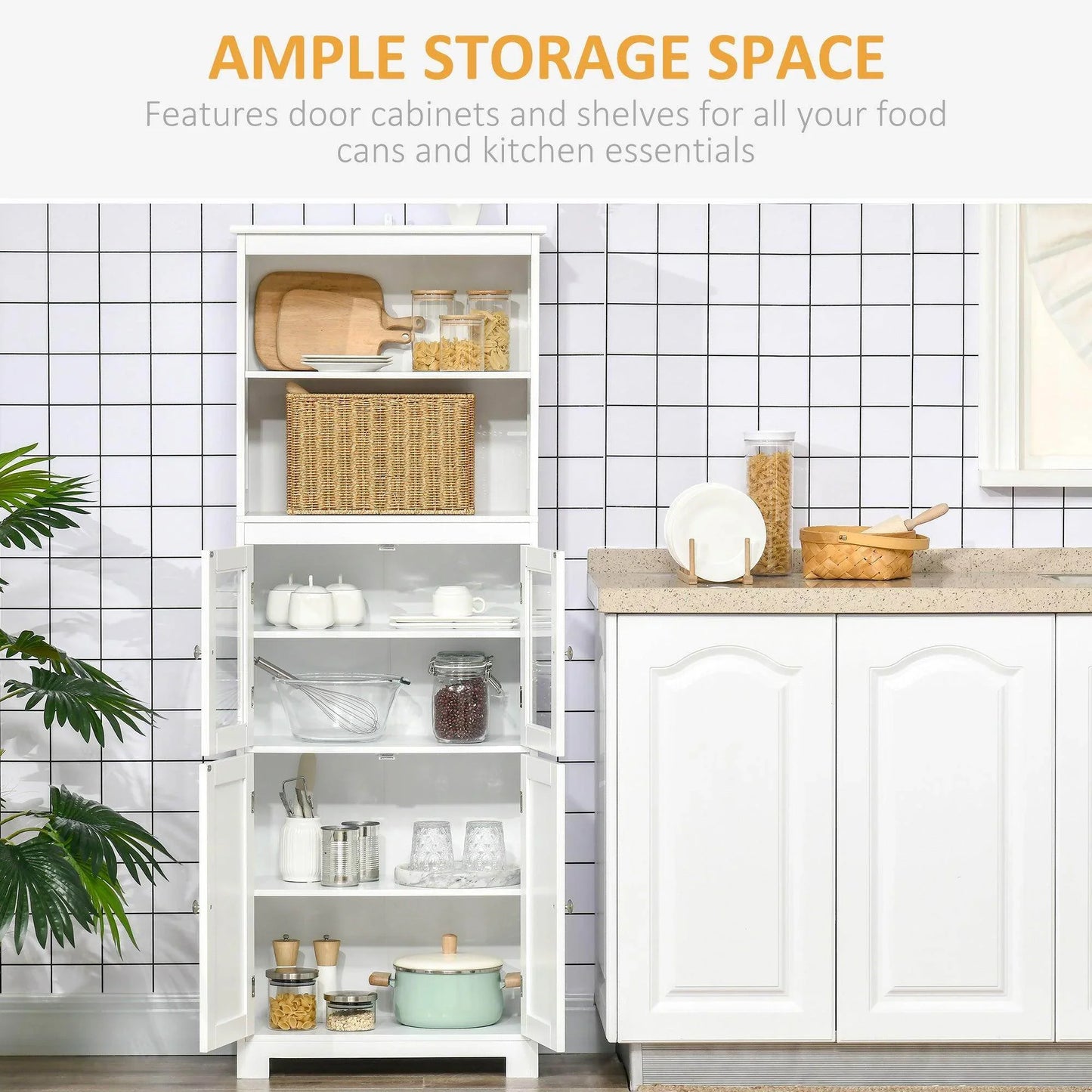 HOMCOM White Kitchen Cupboard with Adjustable Shelf and Glass Doors - ALL4U RETAILER LTD