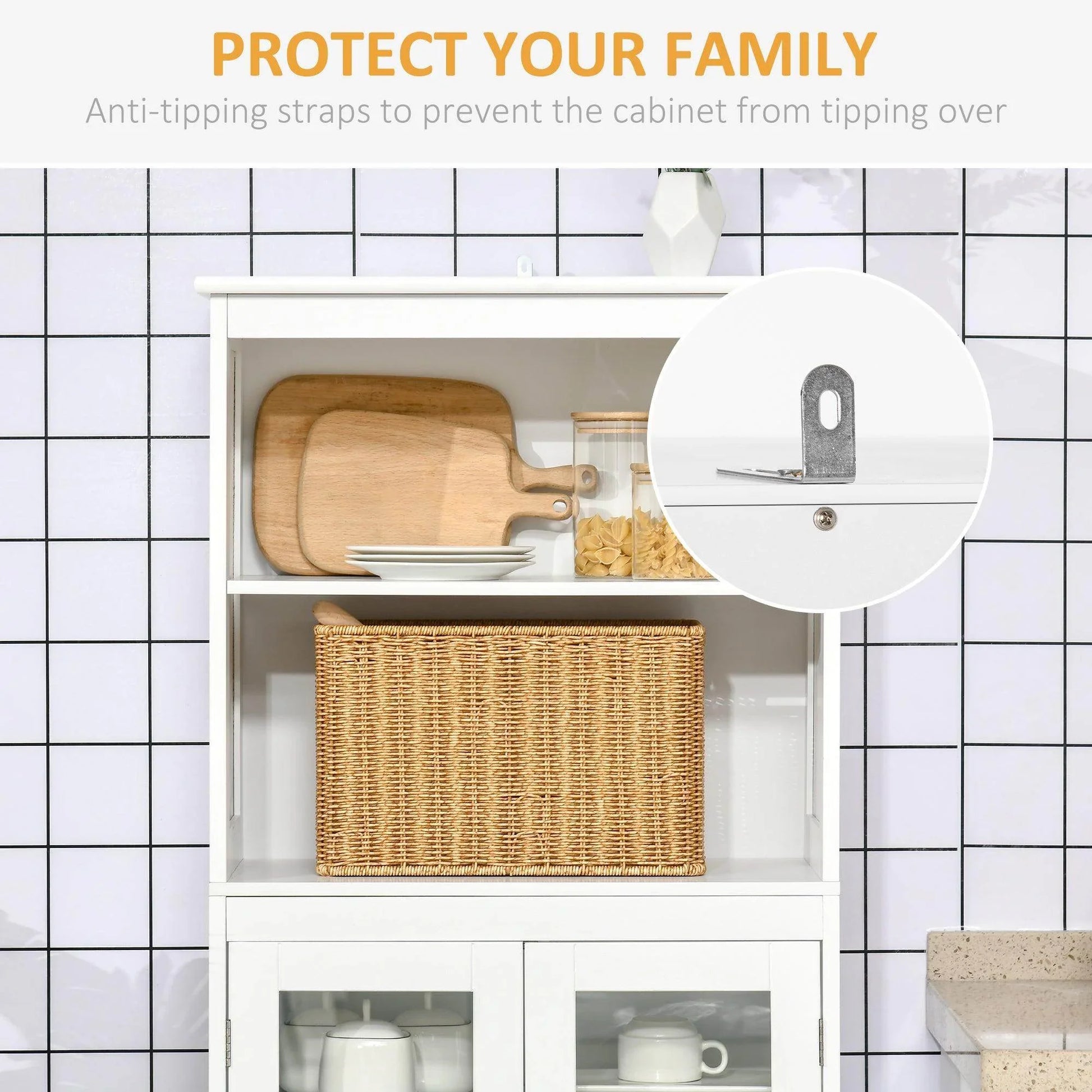 HOMCOM White Kitchen Cupboard with Adjustable Shelf and Glass Doors - ALL4U RETAILER LTD