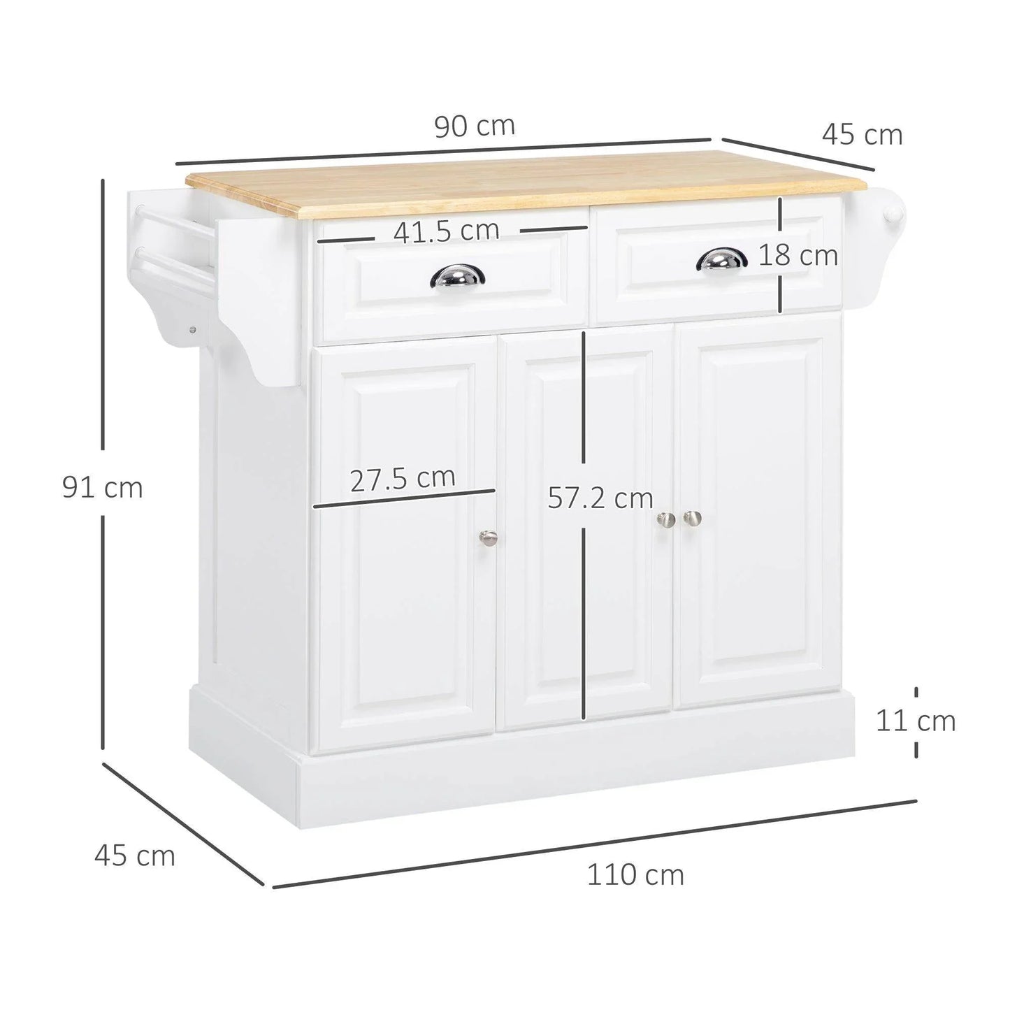 HOMCOM White Rolling Kitchen Island Cart with Towel Rack and Storage Drawer - ALL4U RETAILER LTD