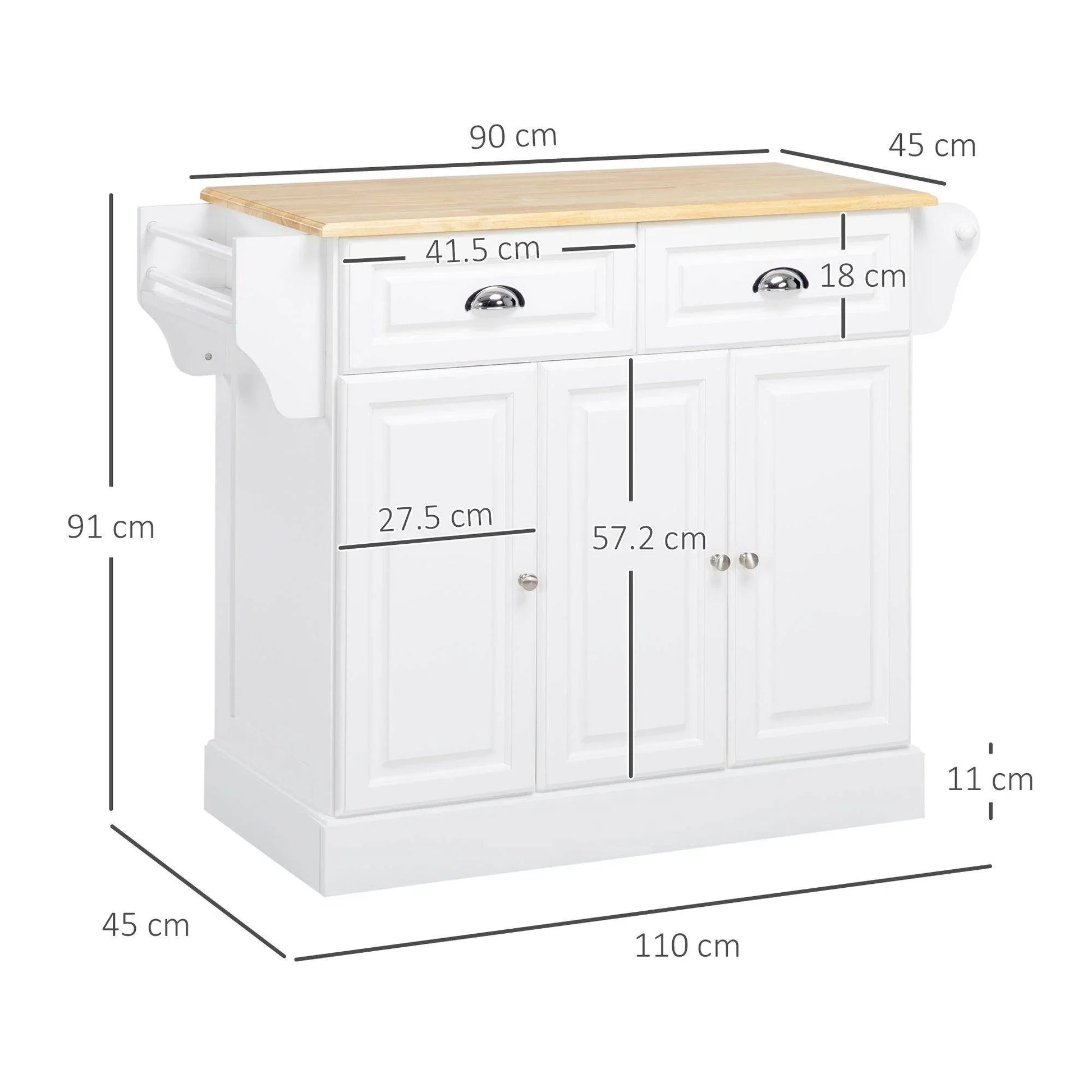 HOMCOM White Rolling Kitchen Island Cart with Towel Rack and Storage Drawer - ALL4U RETAILER LTD