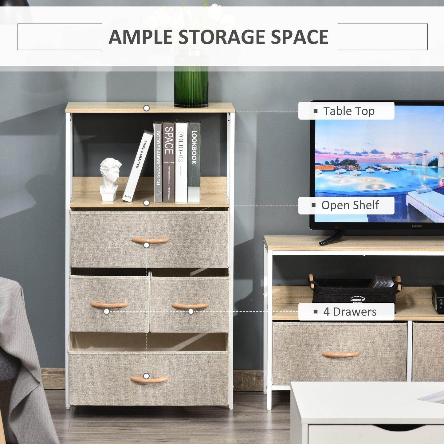 HOMCOM White Storage Cabinet with 4 Bins - ALL4U RETAILER LTD