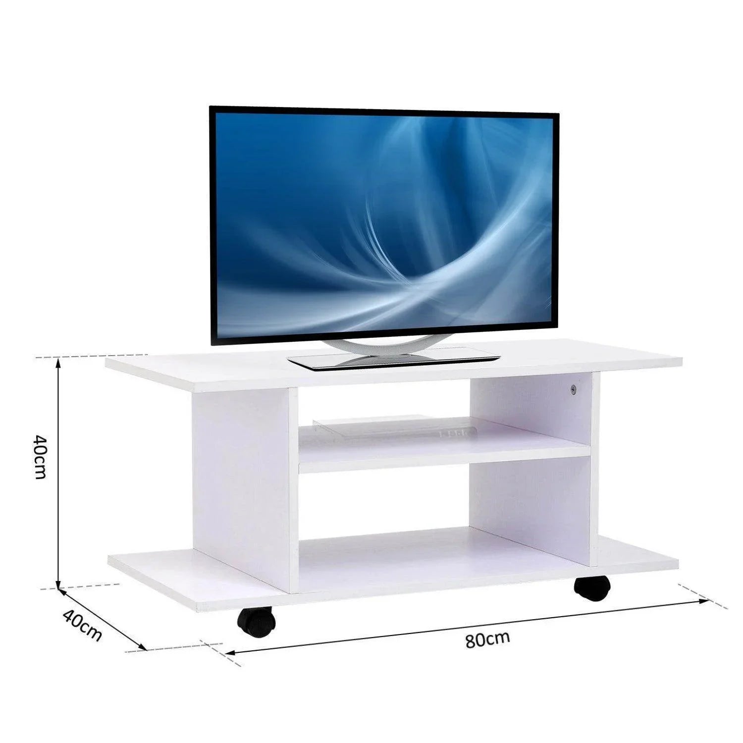 White rectangular TV stand with shelves and wheels, holding a flat-screen TV, 80x40x40 cm