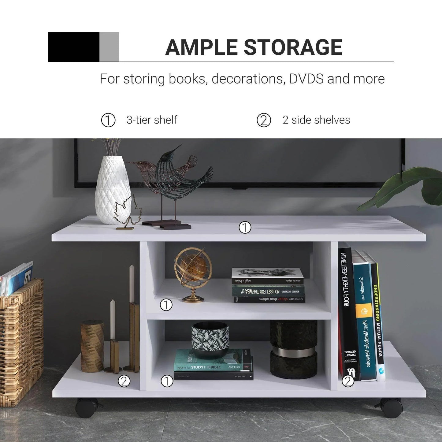 White HOMCOM TV stand with 3-tier shelves and 2 side shelves storing books, decor, and candles on gray tile floor
