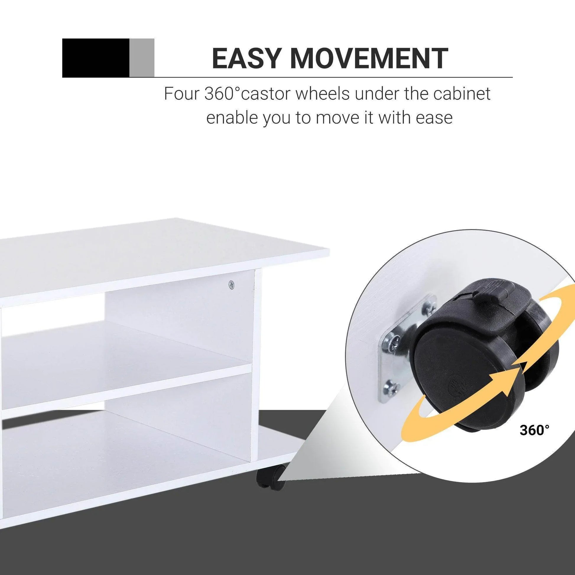 White TV stand with shelves featuring four 360-degree castor wheels for easy movement