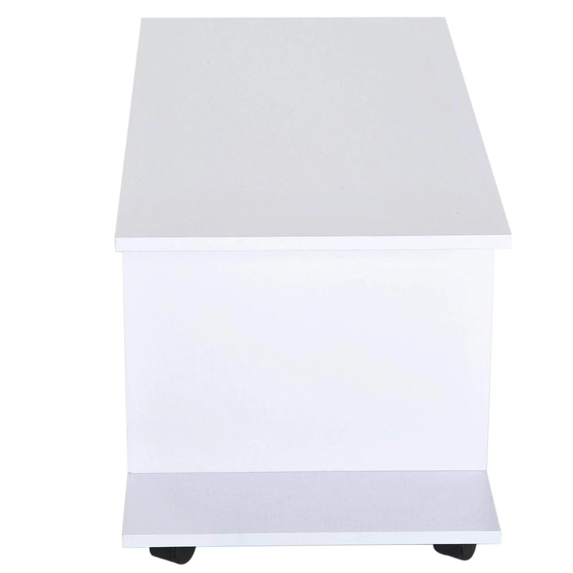 White TV stand with multiple shelves on caster wheels for flexible home storage