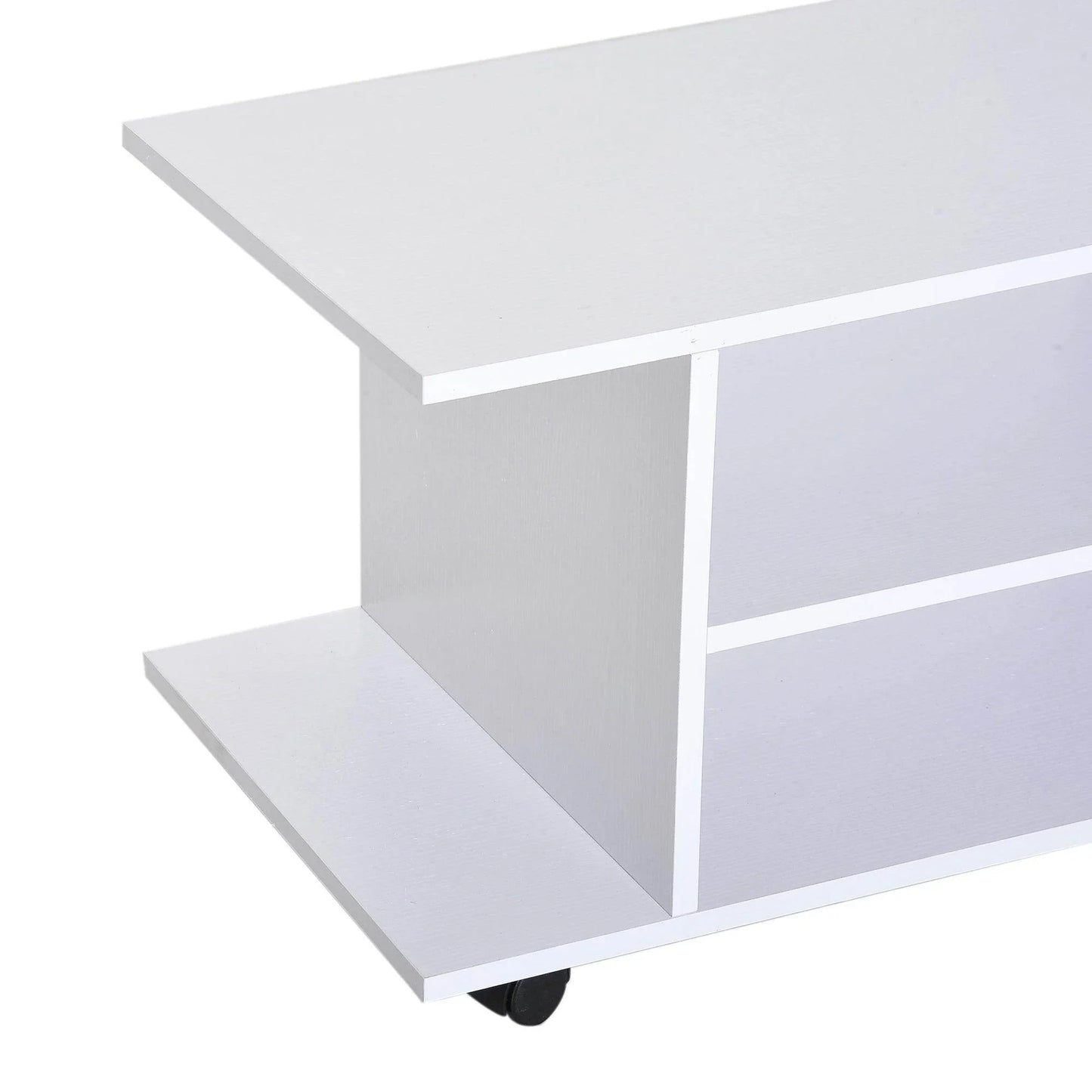 Close-up of white TV stand shelves with caster wheel from ALL4U retailer