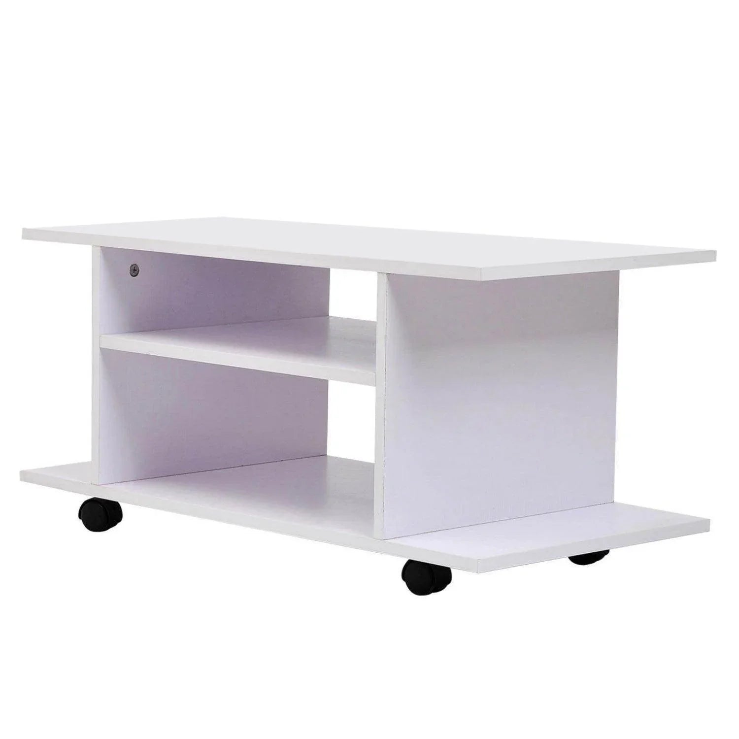Modern white TV stand with open shelves and black caster wheels for easy mobility