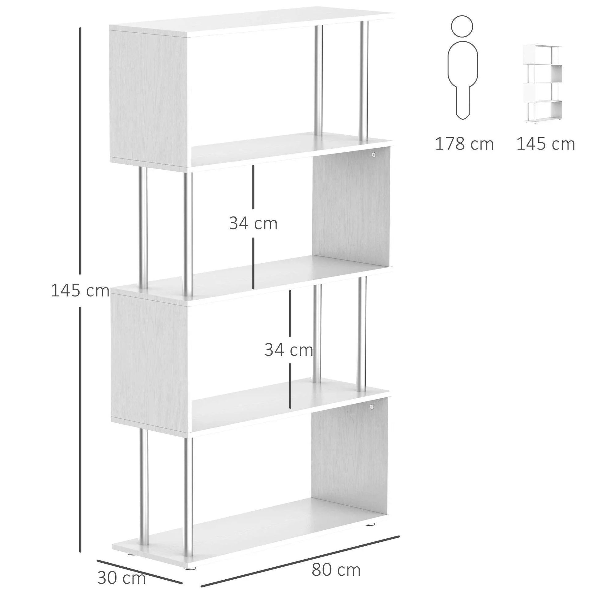 White wooden S-shaped bookcase with four open shelves and metal supports, 145cm height