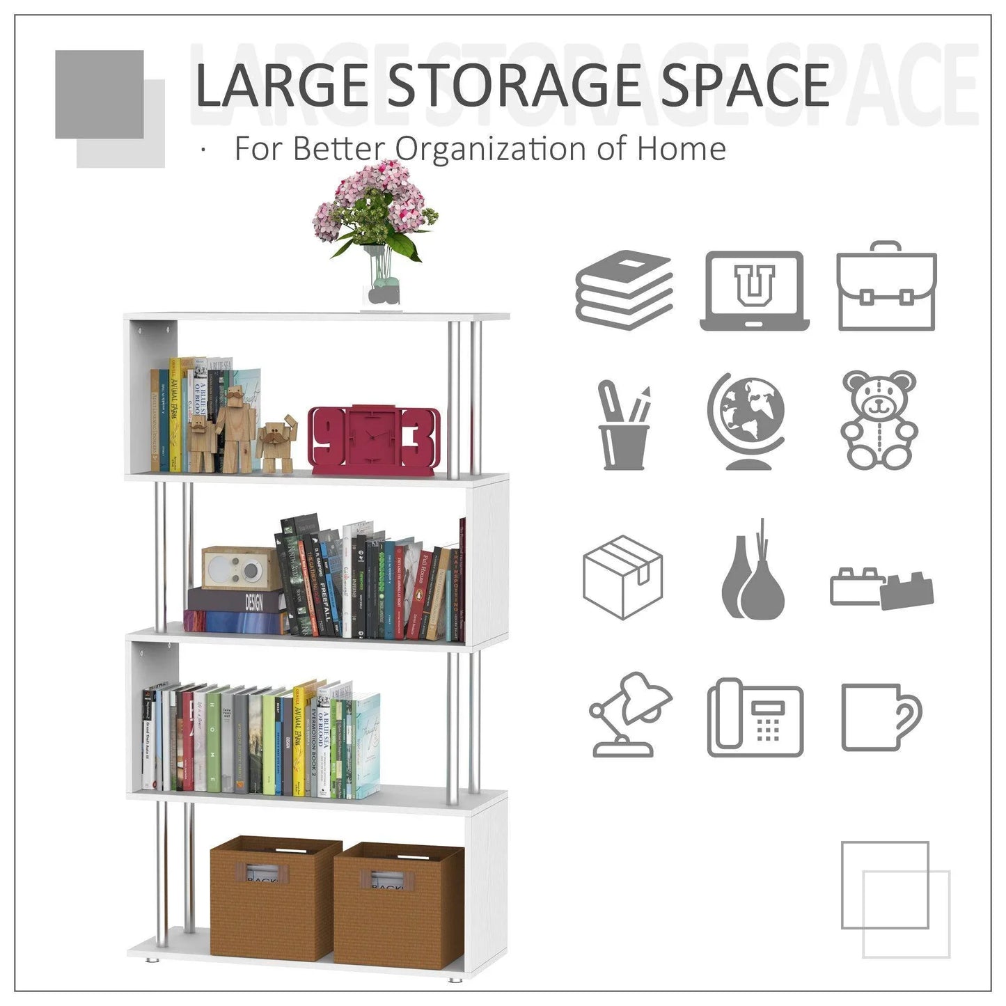 White wooden S-shaped bookcase with large storage holding books, decorative items, and baskets