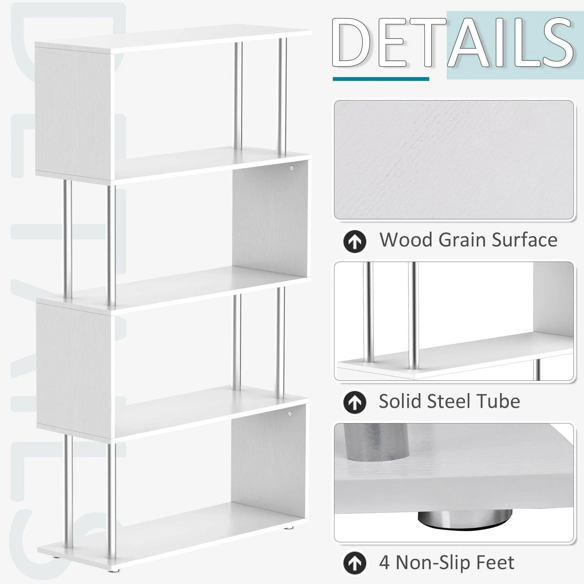 White wooden S-shaped bookshelf with wood grain surface, solid steel tube supports, and non-slip feet